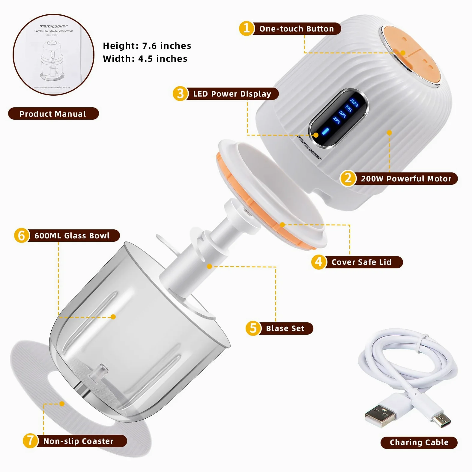 Picadora de ajo eléctrica de 600 ml, mini picadora de verduras recargable por USB, picadora de ajo, picadora de cebolla, picadora de alimentos para salsa de carne de jengibre, chile, procesador de