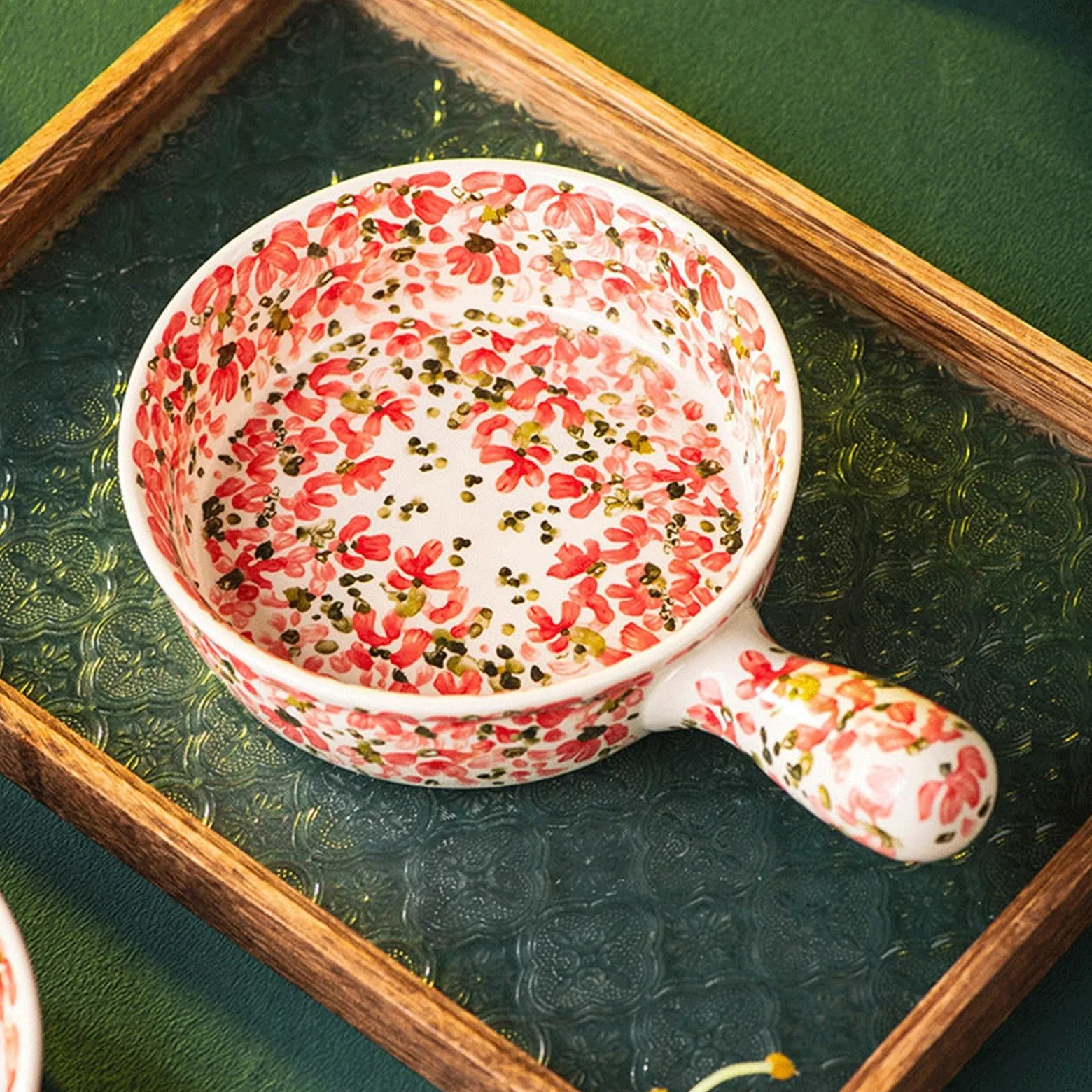 Versátil Fuente for hornear de cerámica con un solo mango floral