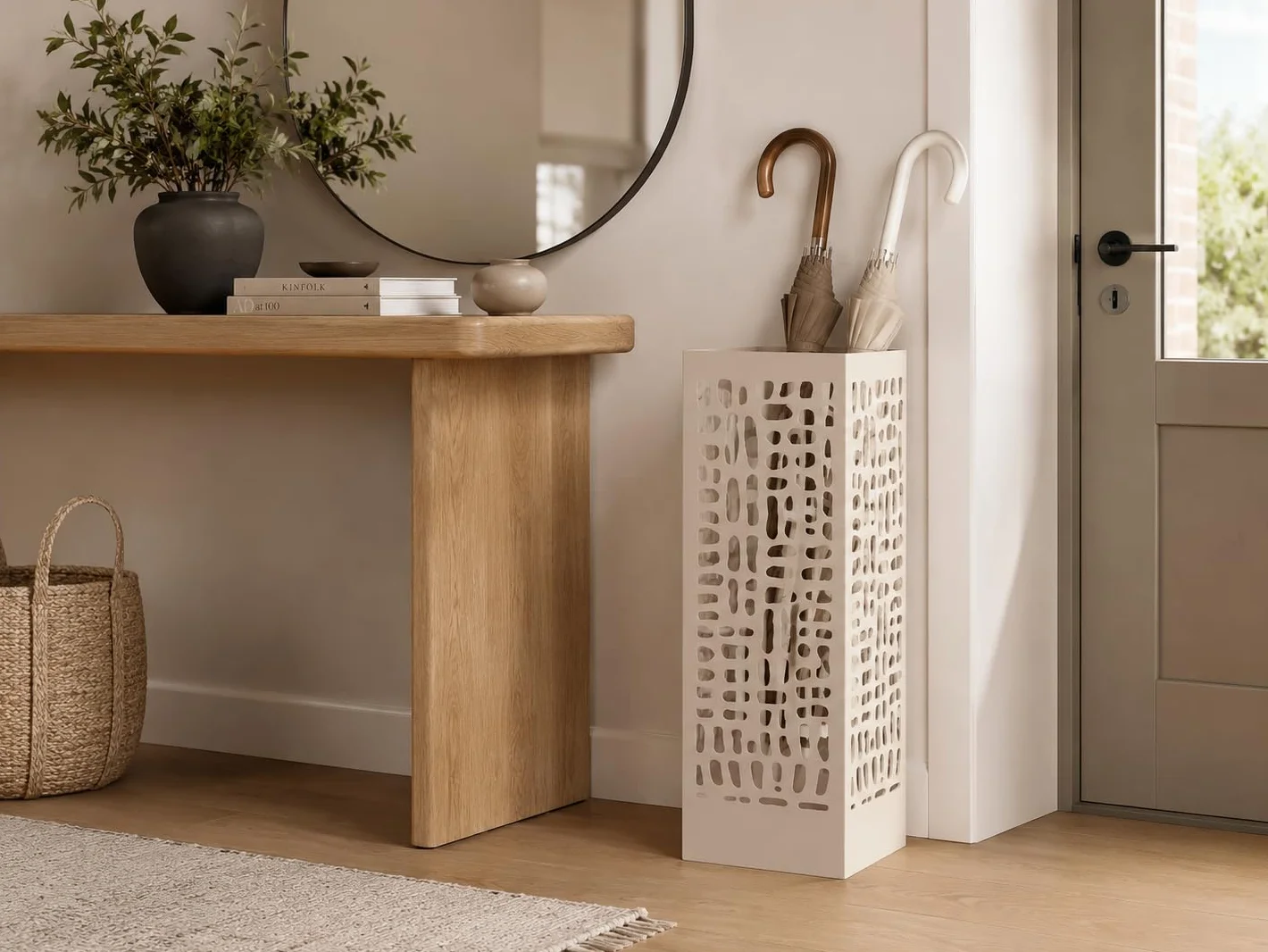 NORDIQ Paraguero Metálico Diseño Lineal Beige Elegante y Funcional para Entrada Oficina