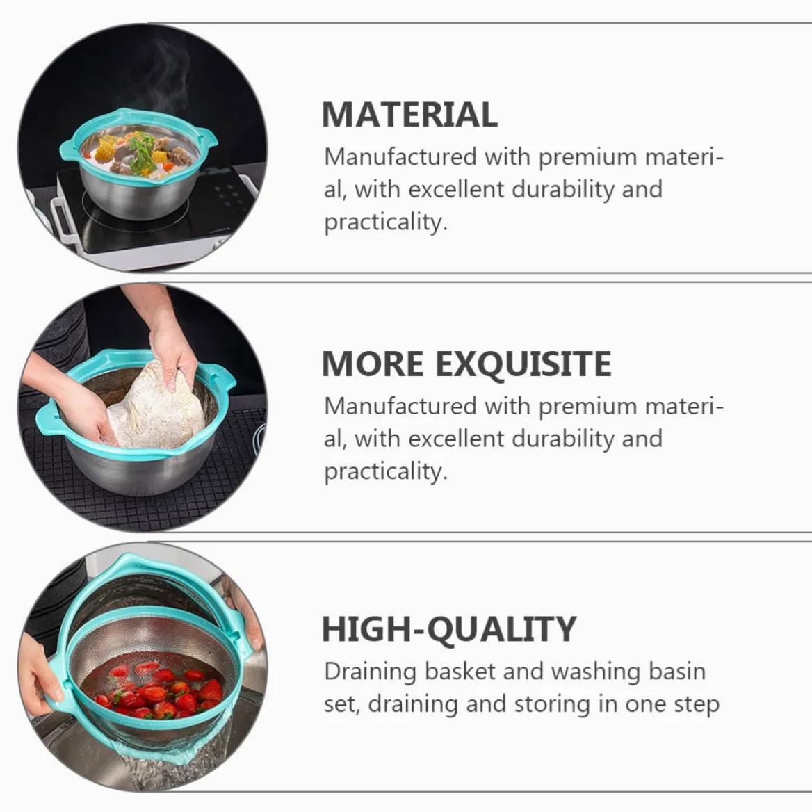 IMIKEYA Colador de Cocina Doble Capa de Acero Inoxidable Cesta para Escurrir Arroz y Frutas, Juego Multifuncional para Almacenar y Drenar Alimentos en Cocina