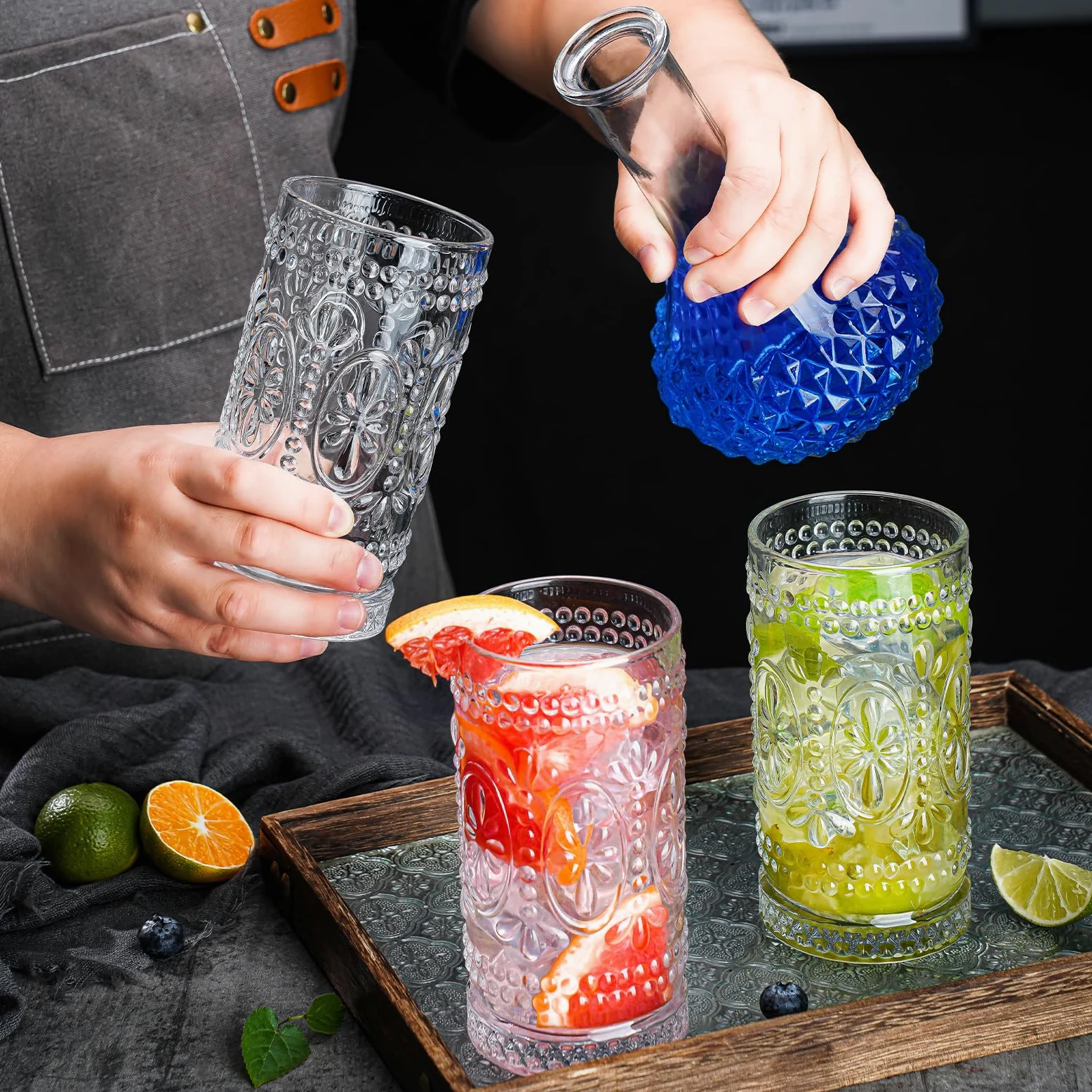 Vasos vintage para beber, 8 vasos de vidrio románticos, vasos altos de 15 onzas, vasos altos de agua, tazas de mojito, vaso de cóctel, juego de cristalería vintage para agua, jugo, cóctel