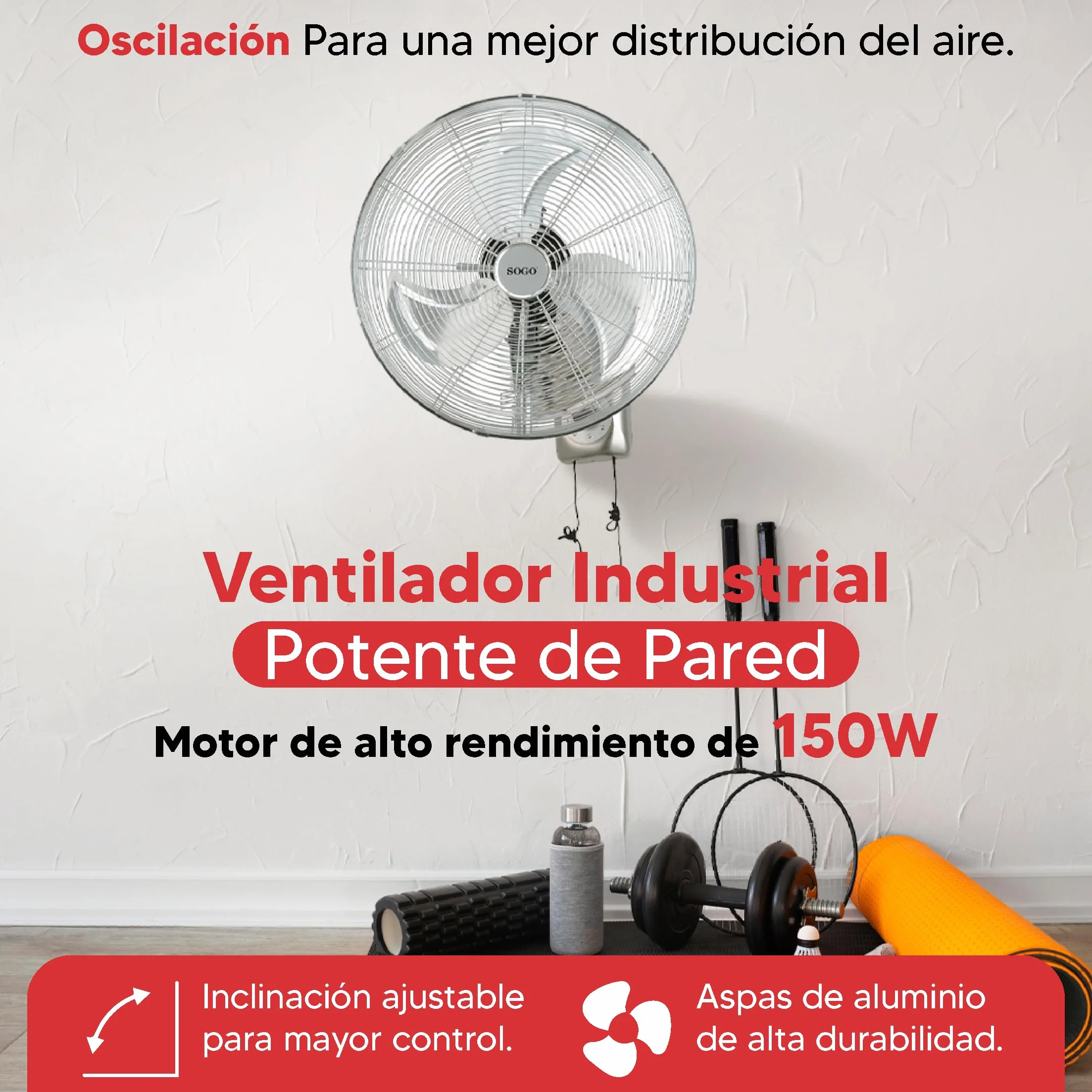 SOGO Ventilador Industrial de Pared 18 Pulgadas Potente 150W para Espacios Grandes - Ventilador Oscilante con Aspas de Metal e Inclinación Ajustable - Ventilador de Pared Silencioso con 3 Velocidades