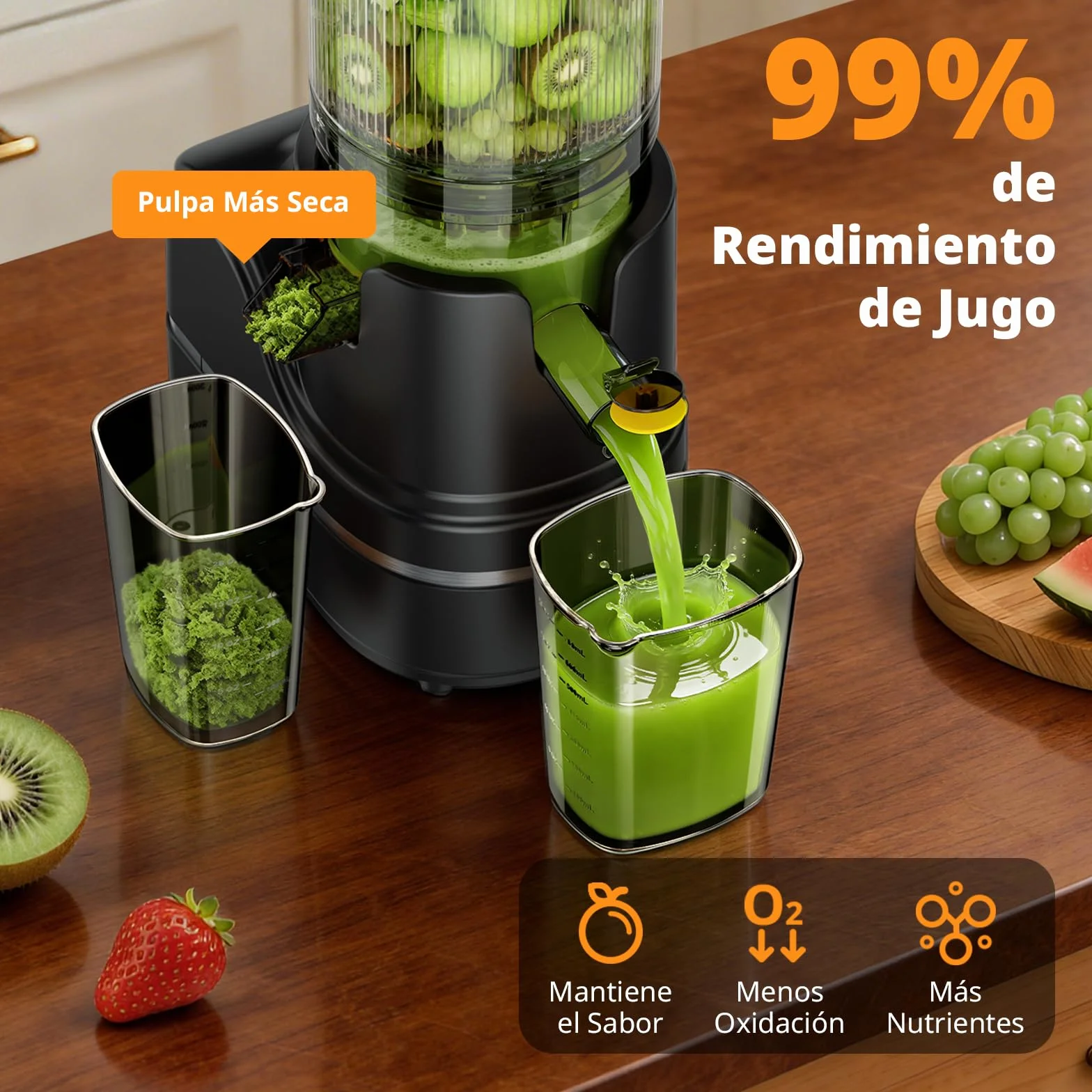 AIRMSEN Extractor de Zumos y Verduras 147MM Apertura Extractor, Capacidad de 2,1 L, Extractor de Jugo Prensado en Frío, Motor de 300 W, Licuadora Silenciosa y Eficiente, Fácil de Limpiar Negro