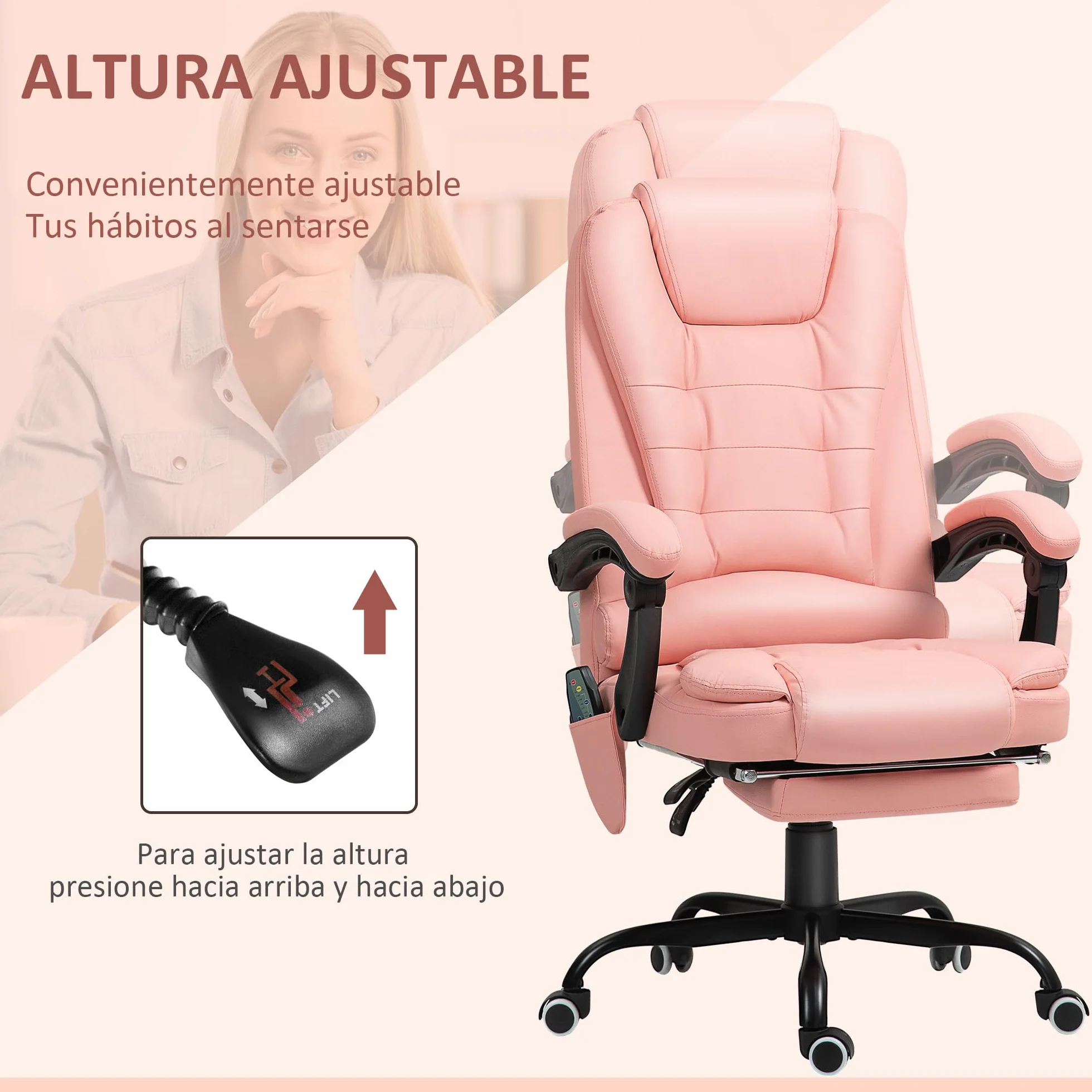 Vinsetto Silla de Oficina con 7 Puntos de Masaje Silla de Masaje Giratoria Silla de Escritorio con Reposapiés Retráctil Altura Ajustable Control Remoto y Tejido de PU Rosa