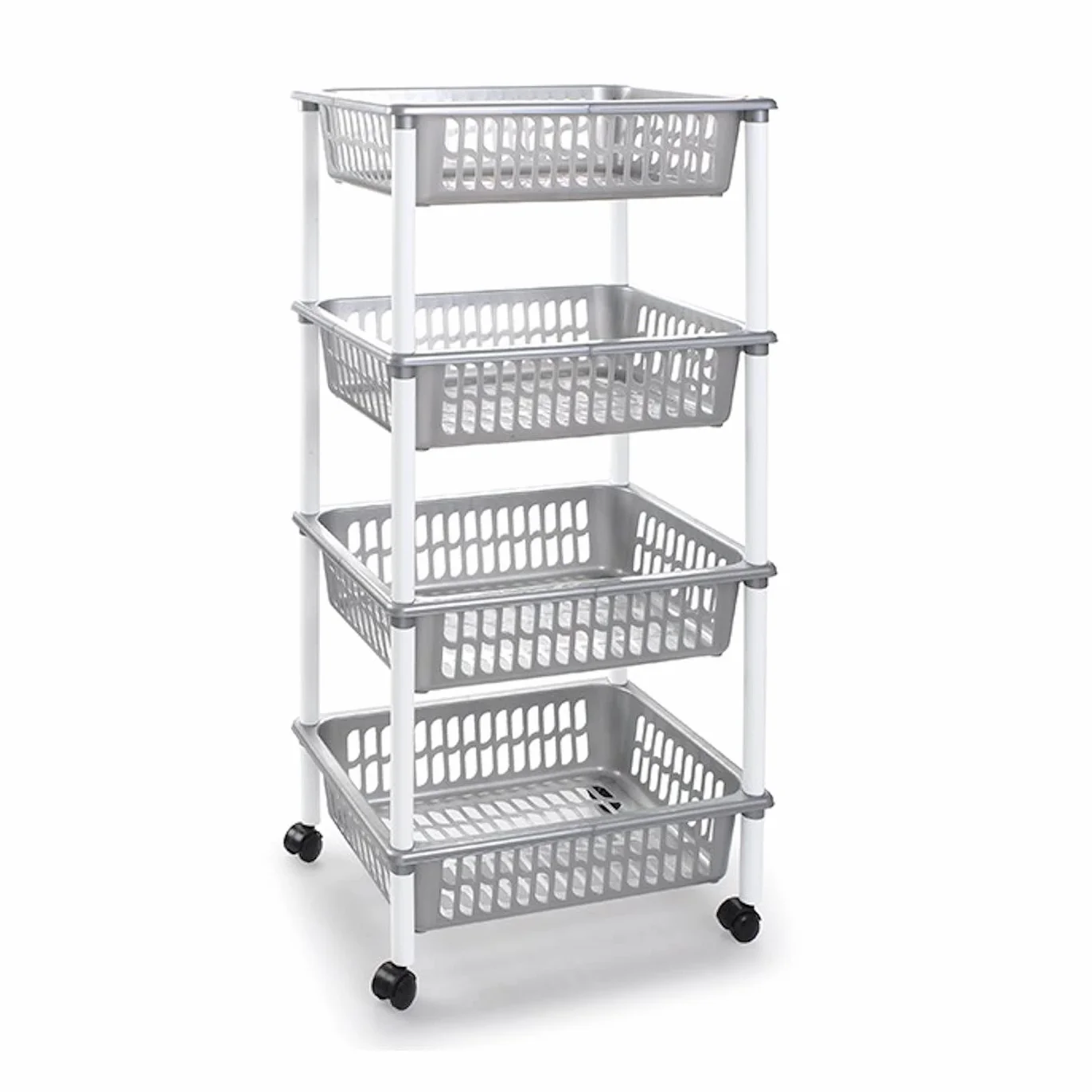 AC - Carrito verdulero Modelo PLFT de plástico con 4 Niveles y Ruedas, cestas apilables portaobjetos, Frutas, Verduras, Cocina, baño (Plata - 85 x 40 x 30 cm)