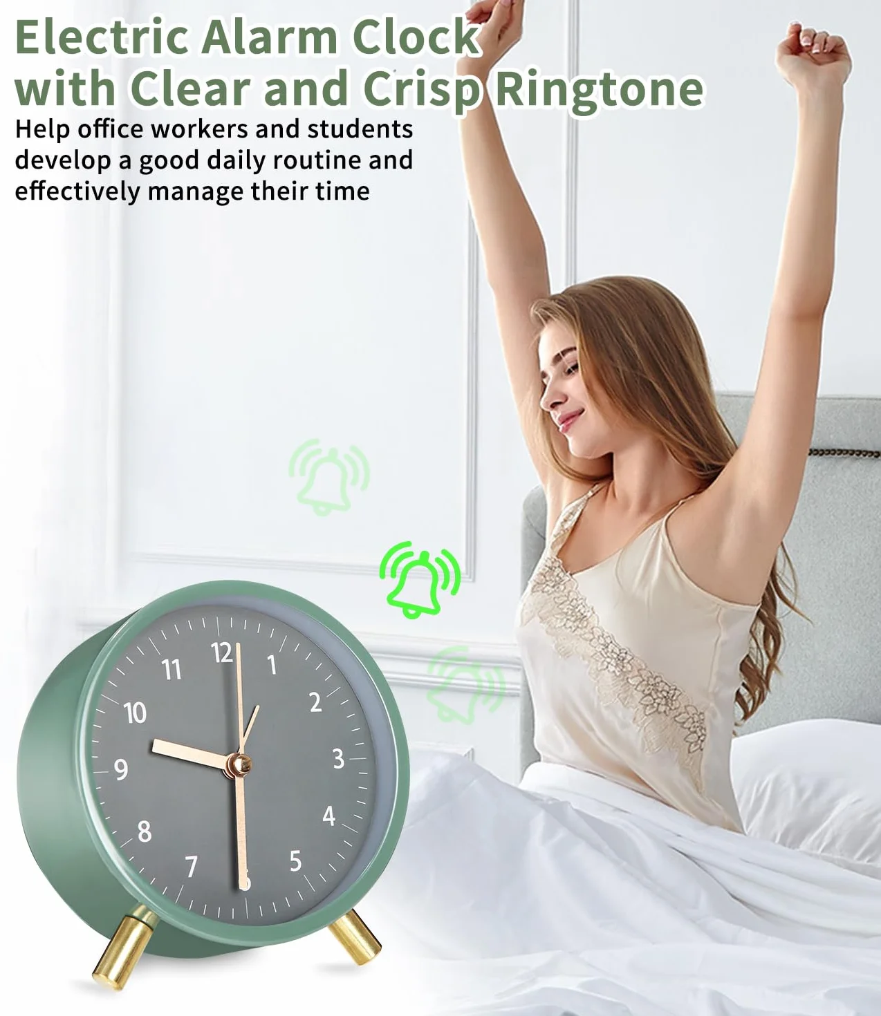 Reloj Despertador Analógico de Metal Redondo Verde Silencioso sin Tictac con Luz Nocturna para Dormitorio, Oficina y Viajes