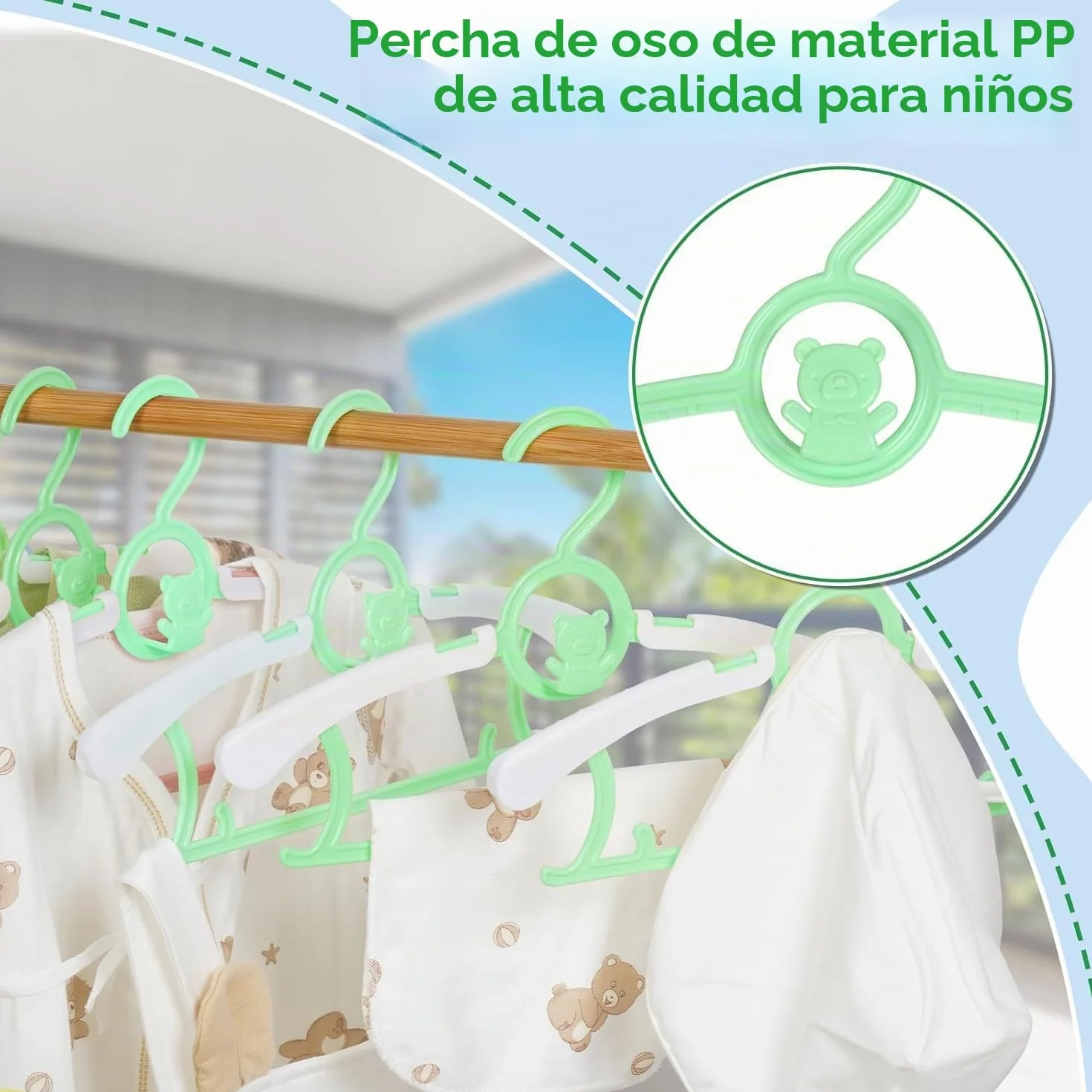 HGYZE - Muletas para niños, para el Armario de recién Nacido y niño y niña, 20 Perchas apilables con Gancho para Osito, Ajustables y Antideslizantes, Perchas para Ropa, Ahorro de Espacio (Verde)