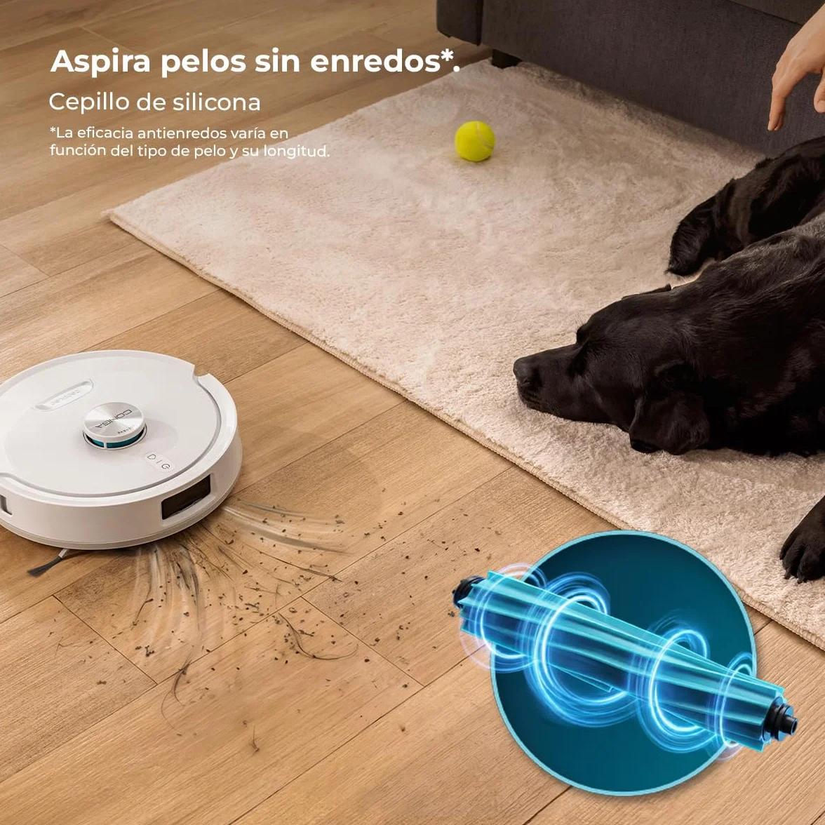 Cecotec Robot Aspirador - Base Autovaciado 3L - IA y Navegación Láser - 25000Pa - Conga Y90 Pearl. Autonomía 240mins en Modo Eco, Cepillo Silicona, Ideal Casas Mascotas, Bluetooth y WiFi, 2 Mopas