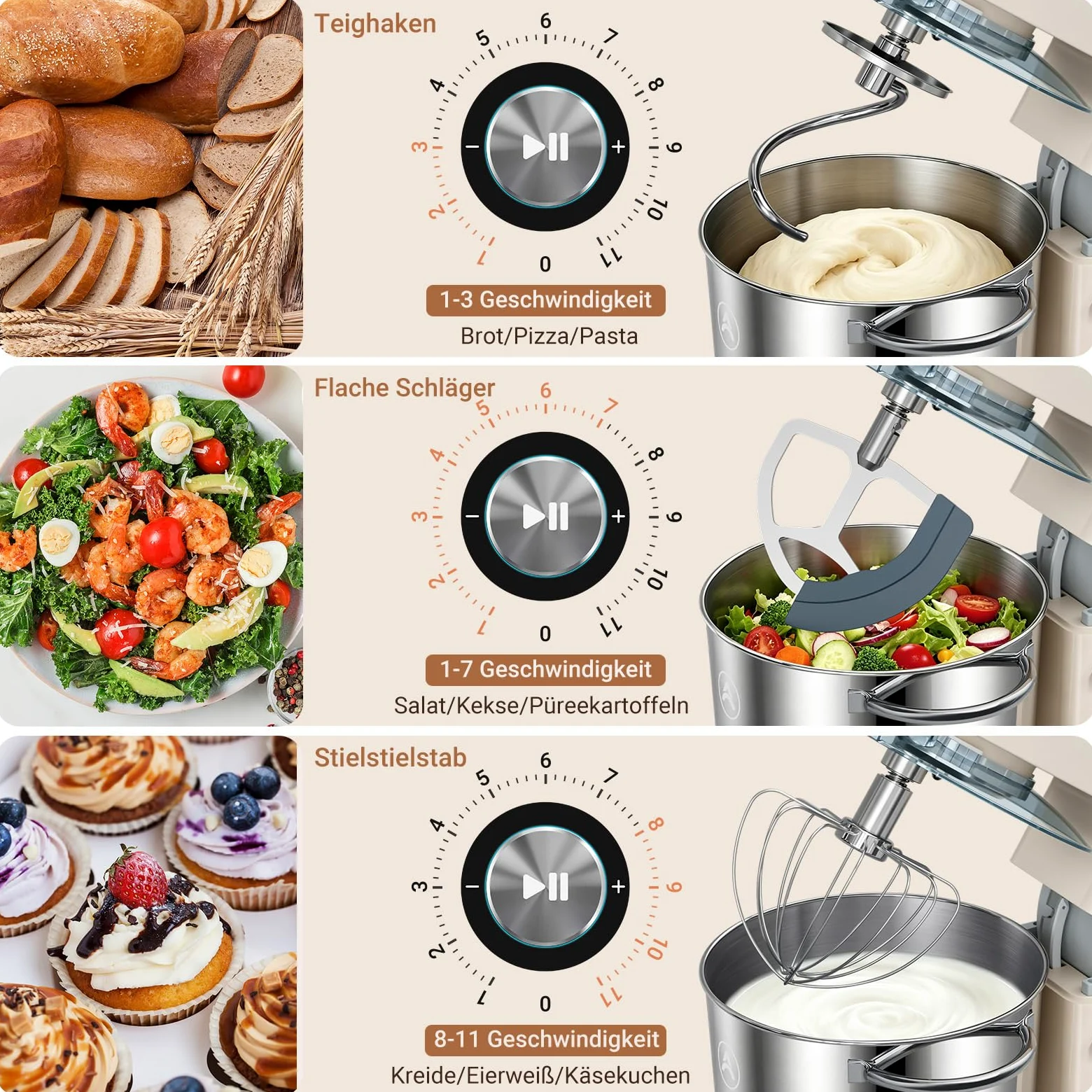 ZACME Robot de cocina de 1200 W, cuenco de acero inoxidable de 5,2 L, motor de CC silencioso, transmisión de 11 niveles, incluye 3 herramientas para mezclar (gancho para amasar, batidor, batidor