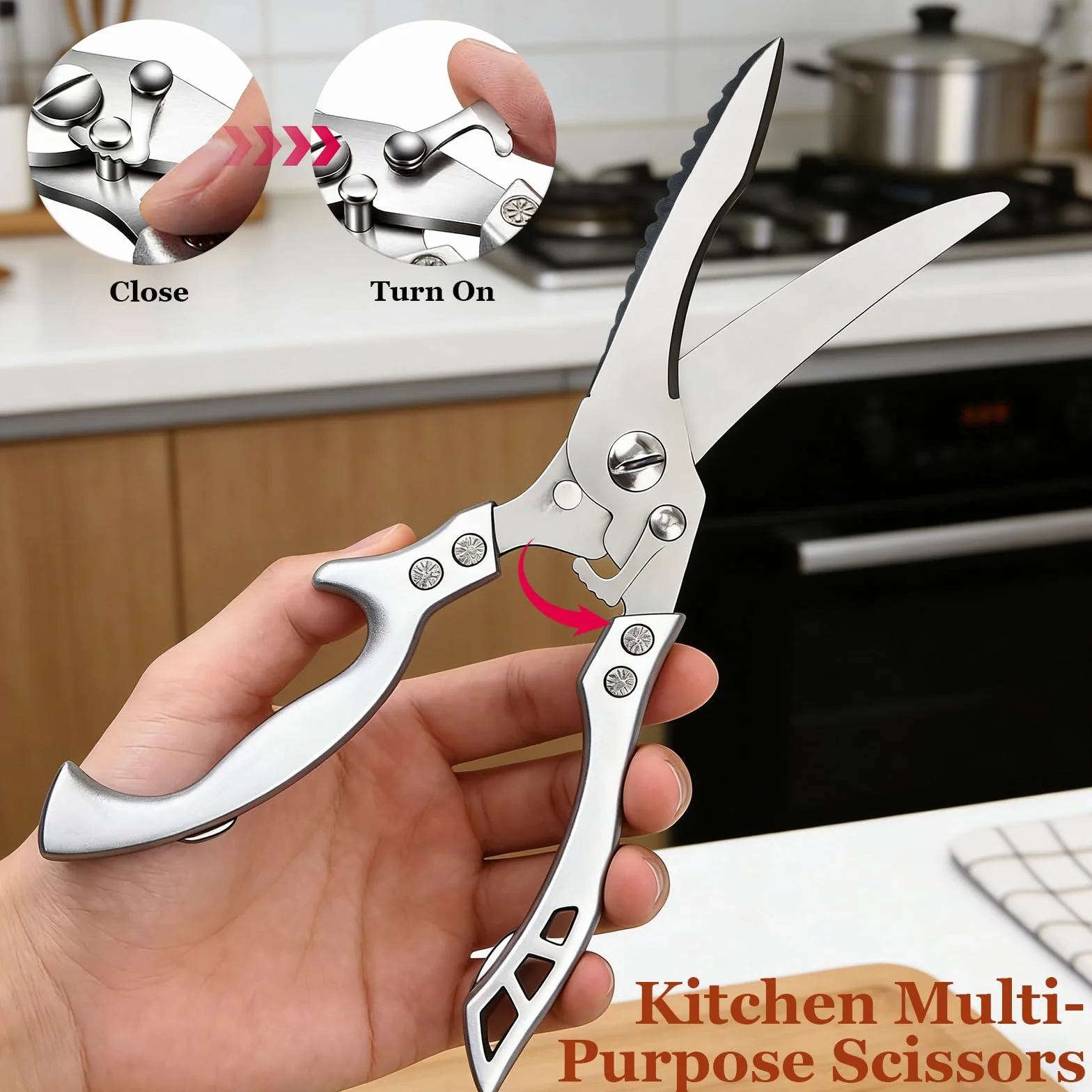 Tijeras Cocina de Acero Inoxidable, Tijeras para Aves de Corral, Tijeras para Pollo Arcos, para Huesos, para Carne, Pescado, Huesos y Verdurascon Cierre de Seguridad y Mecanismo de Resorte