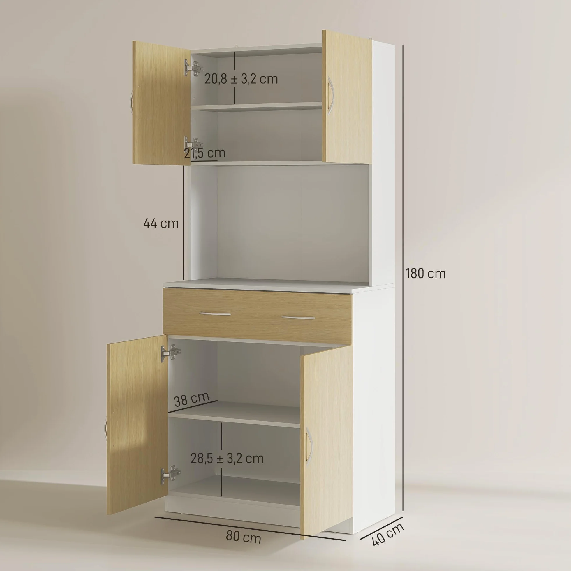 HOMCOM Alacena de Cocina Mueble Auxiliar de Cocina con Puertas Cajón y Estantes Ajustables Antivuelco para Comedor Salón 80x40x180 cm Natural y Blanco