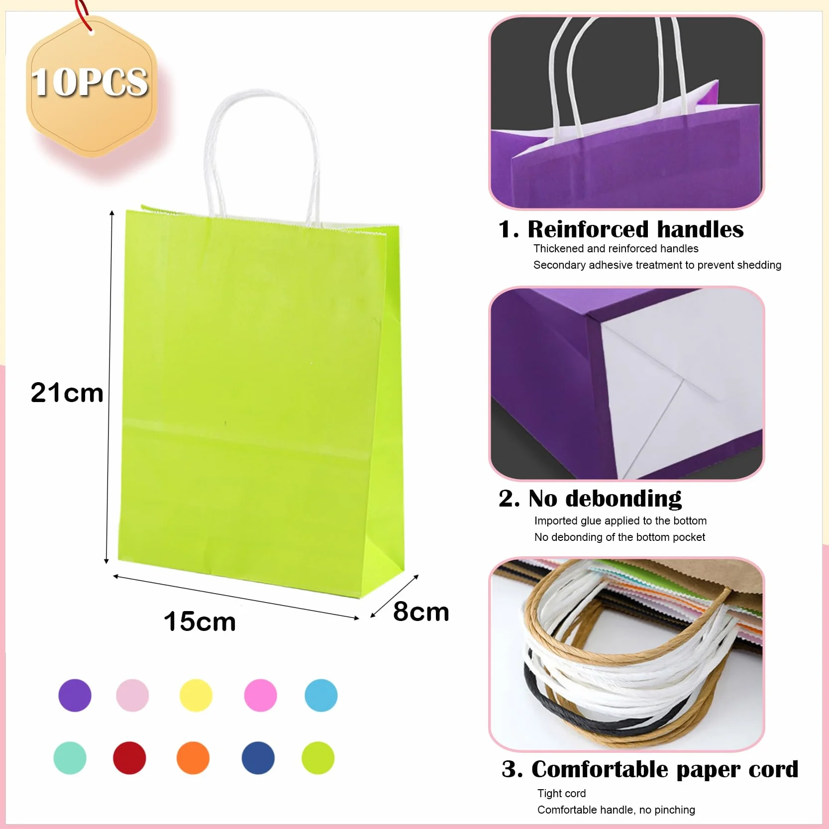 SHUBEIEUMI Paquete de 10 Bolsas de Regalo, Bolsas de Papel Kraft con Asas, 21 x 15 x 8 cm, Reutilizables Bolsas de Regalo para Embalaje Fiestas de Cumpleaños Bodas-Colorido