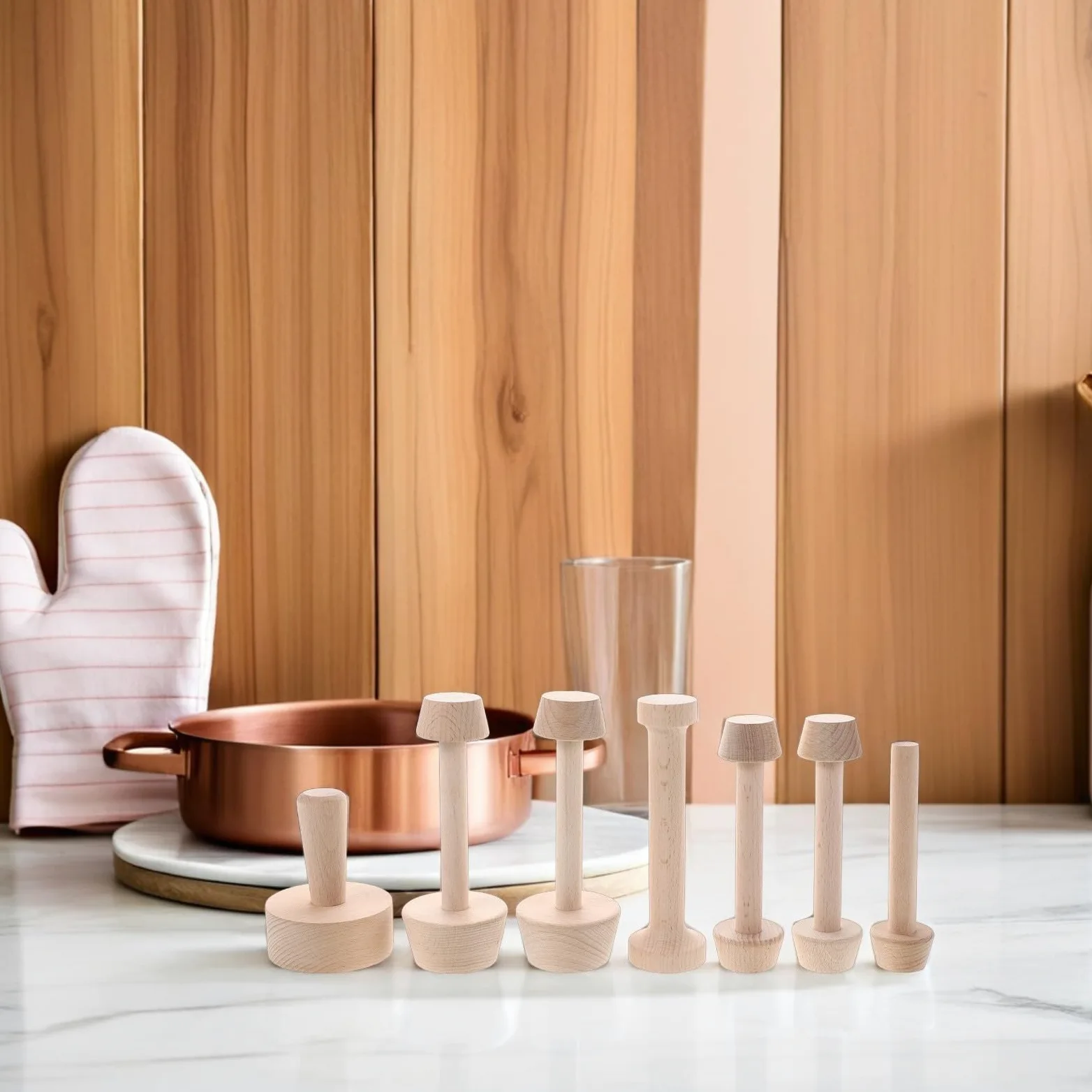 7piezas Moldes de Madera para Tartas con Base Desmontable Doble Cara Tamper para Masa de Pastelería Utensilios para Repostería y Horno Accesorios para Bollería y Postres Caseros
