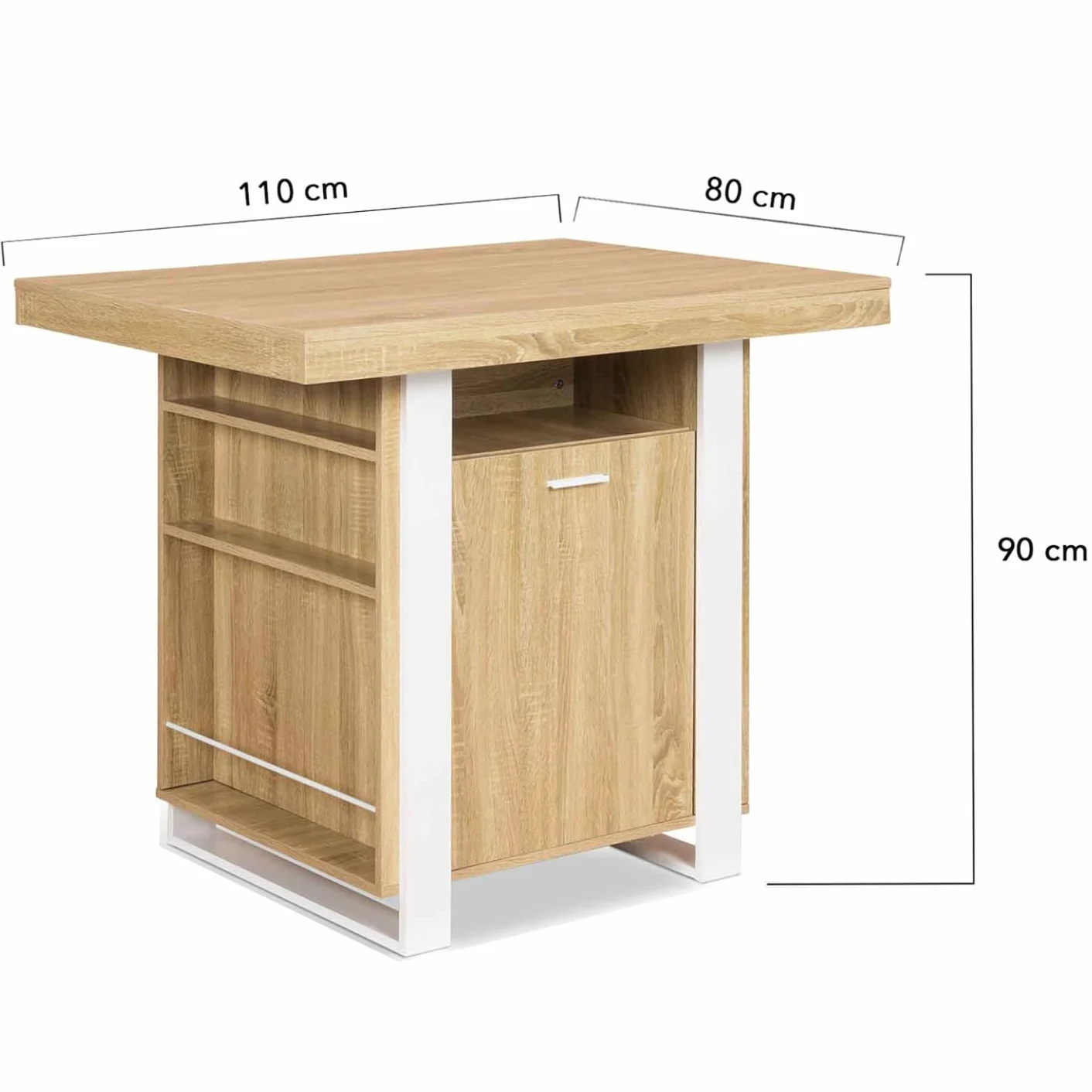 IDMarket - Ilot Central Phoenix 110 cm Madera y Blanco con almacenamiento