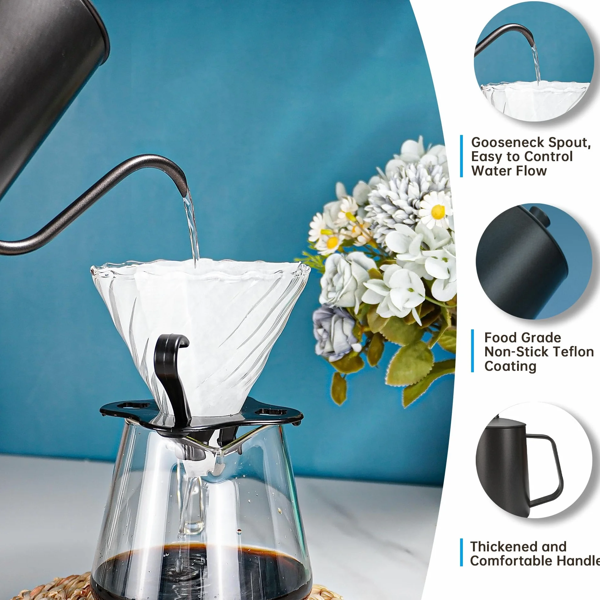 SuperCook Juego de café de goteo manual todo en uno, incluye hervidor de cuello de cisne, gotero de vidrio V60, filtro de papel, tazas de café, molinillo manual, escala de café, ideal para regalo de