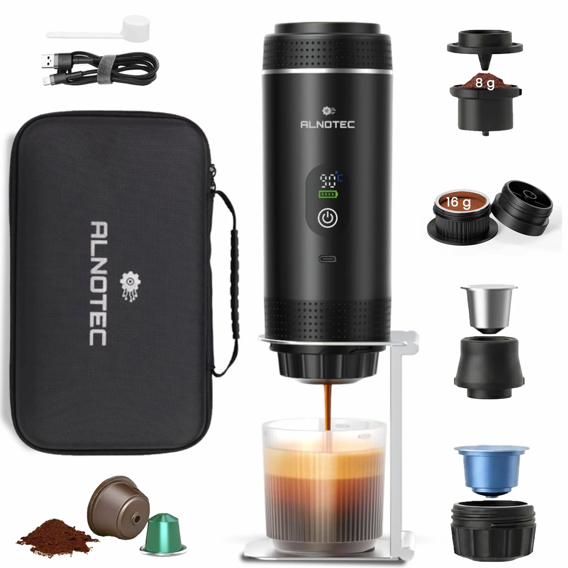 Cafetera portátil eléctrica con calefacción automática, 20 bar – 3 en 1 compatible con cápsulas NES, DG y café molido, 80 ml – Pantalla LED – Funda + soporte incluido – Recargable USB-C