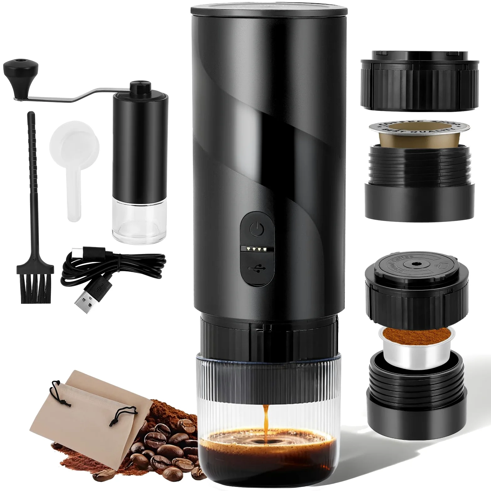 Máquina de Café 3 en 1 Portátil Compatible con 3.5 x 2.8cm Cápsulas y café molido, Cafetera Espresso Eléctrica para Camping Viaje Oficina, Calentamiento Rápido Cafetera con depósito de agua de 100ml