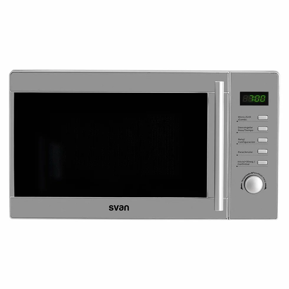 Svan Microondas 20 Litros con Grill Inox SMW2700DGX. 700W, Grill 1000W, 8 Programas, Modo Descongelación, Revestimiento Interior, Fácil Limpieza, Temporizador 95min.