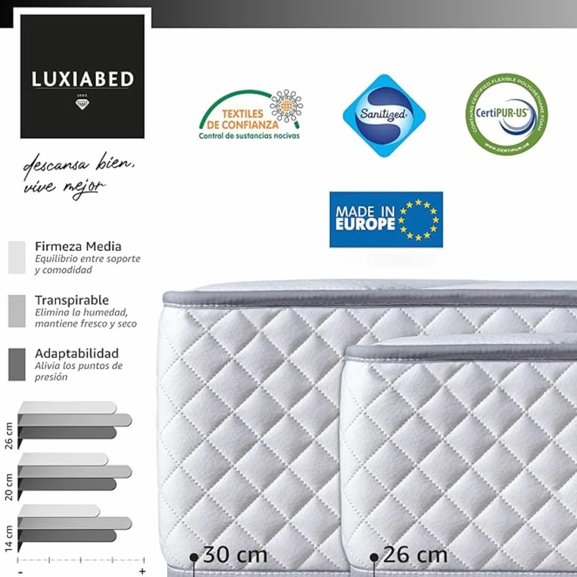 LUXIABED Colchón 150x190 Reversible de Matrimonio. Alto Confort. Transpirable, Antiácaros y Hipoalergénico. Viscoelastica Plus Adaptable. Confort + Firmeza Media Blanco. Modelo Genius Altura 30 cm