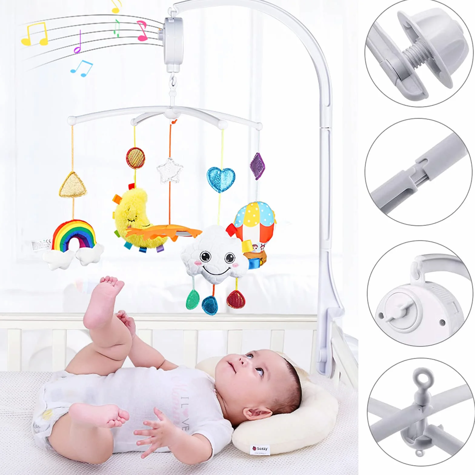 Soporte móvil para cuna de bebé 68 cm brazo móvil con caja de música ligera