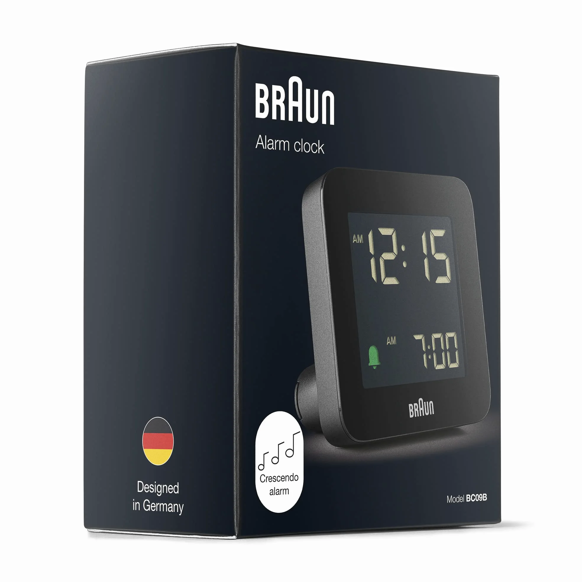 Braun Reloj Despertador Digital Snooze, Pantalla LCD Negativa, configuración rápida, Alarma Crescendo Beep en Negro, Modelo BC09B