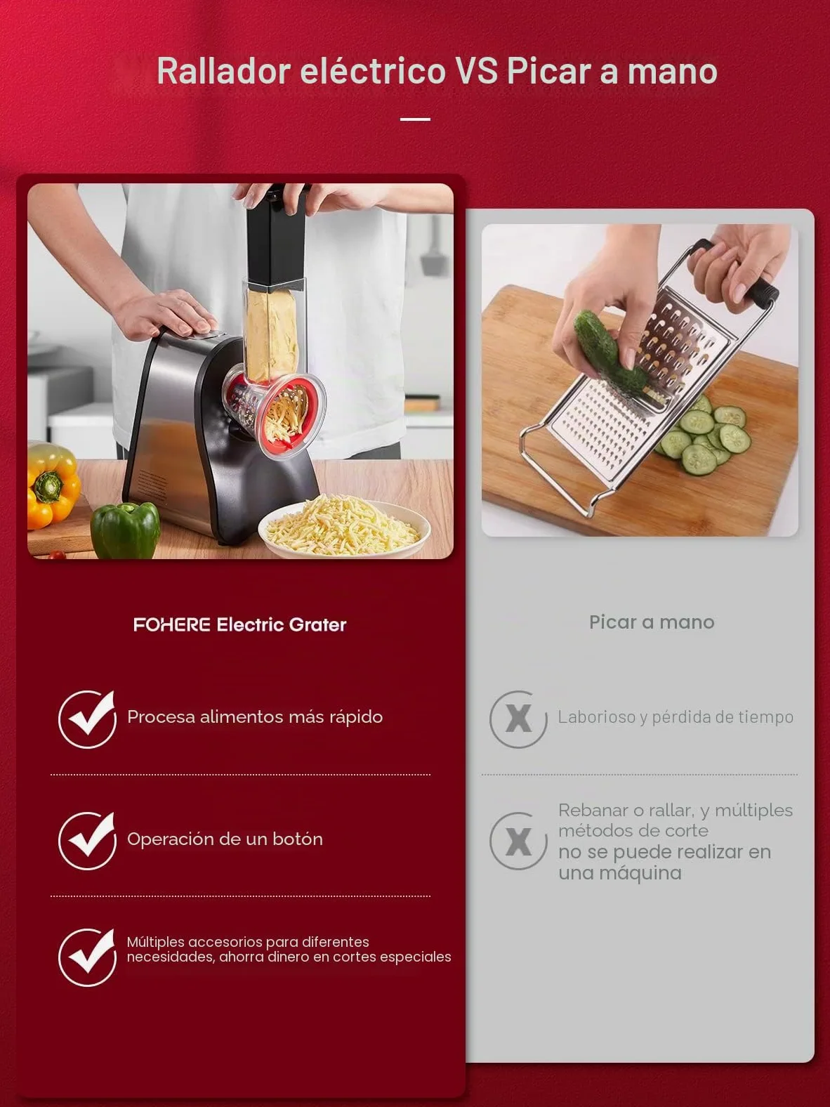 FOHERE Rallador Eléctrico, Cortador de Verduras Eléctrico con 3 Conos | para Cortar en Rodajas, Tiras o Ralla, Operación de un Solo Toque, Fácil Limpieza, Rojo
