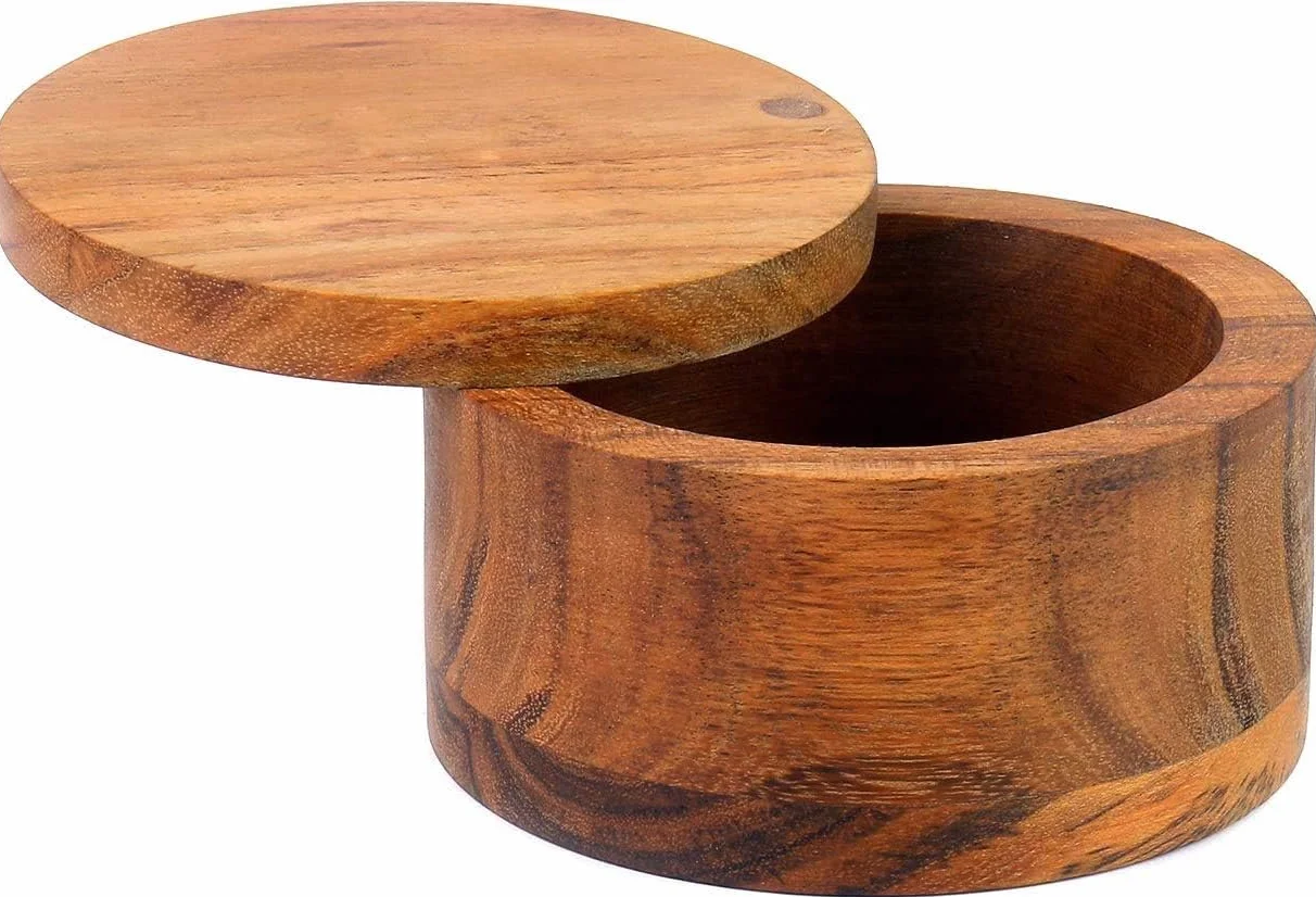 Kaizen Casa cajas de sal de madera para cocina o comedor con compartimento único para sal, especias, hierbas, condimento y madera de acacia hecha a mano.