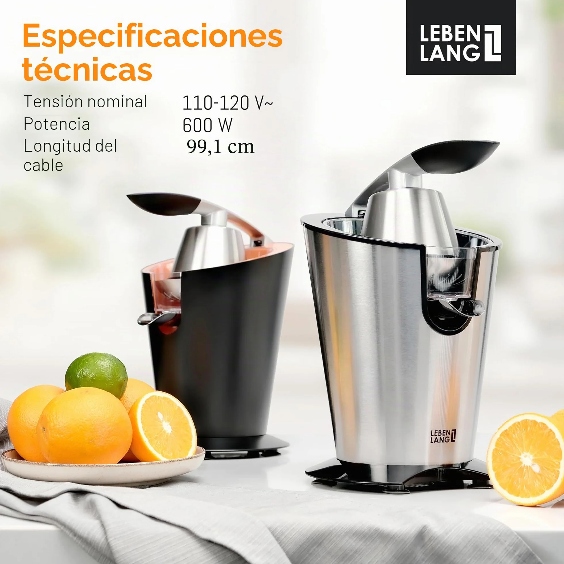 LEBENLANG Exprimidor de naranjas electrico 600W - Incl. Cono de Acero Inoxidable & Libre de BPA I Espremedor citrinos eléctrico Esprimidores zumos automatico Juicer orange machine Esprimidoras zumera