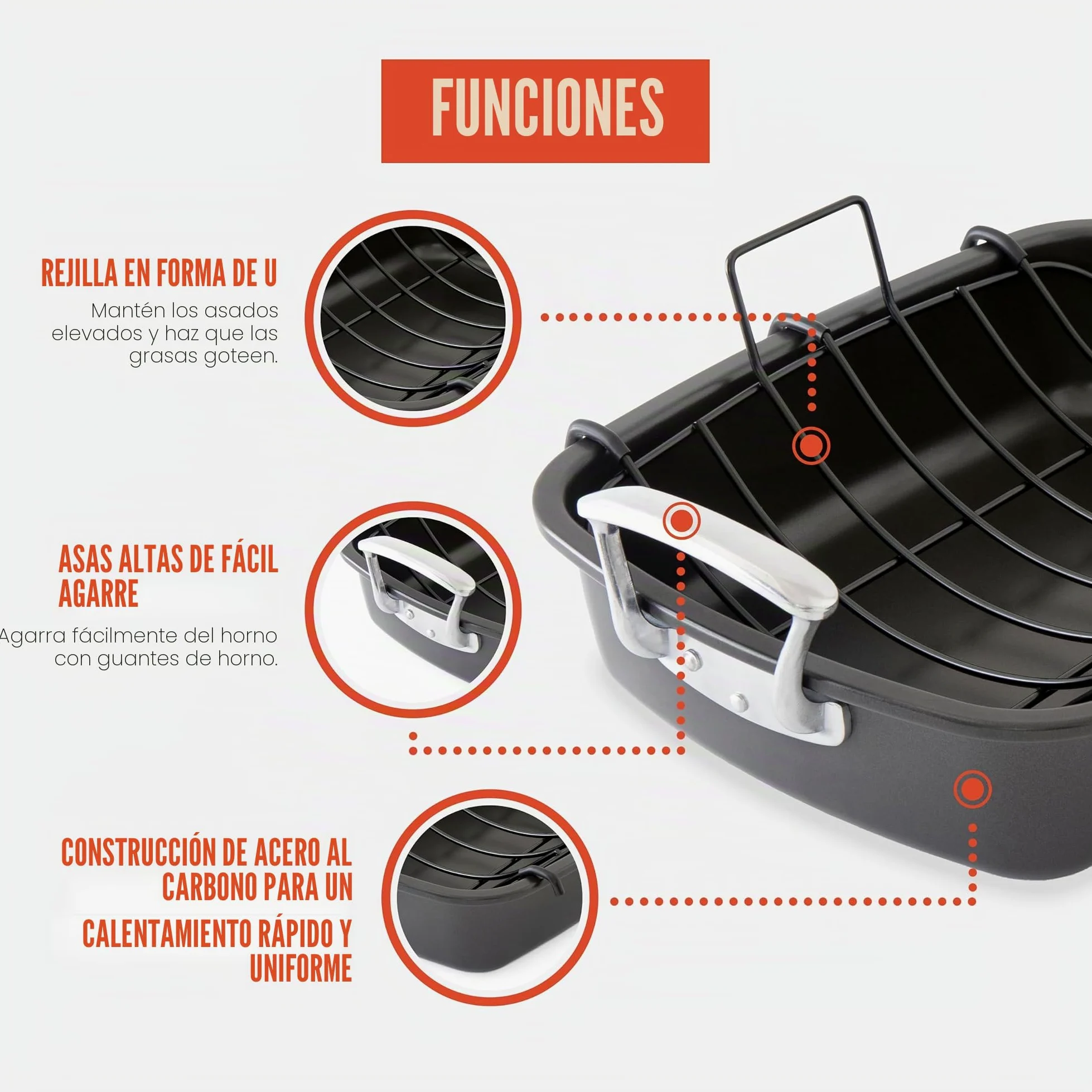 Chef Pomodoro Bandeja Deluxe para Asar, 47x37 cm, Extra Grande | Acero al Carbono con Rejilla en U, Ideal para BBQ