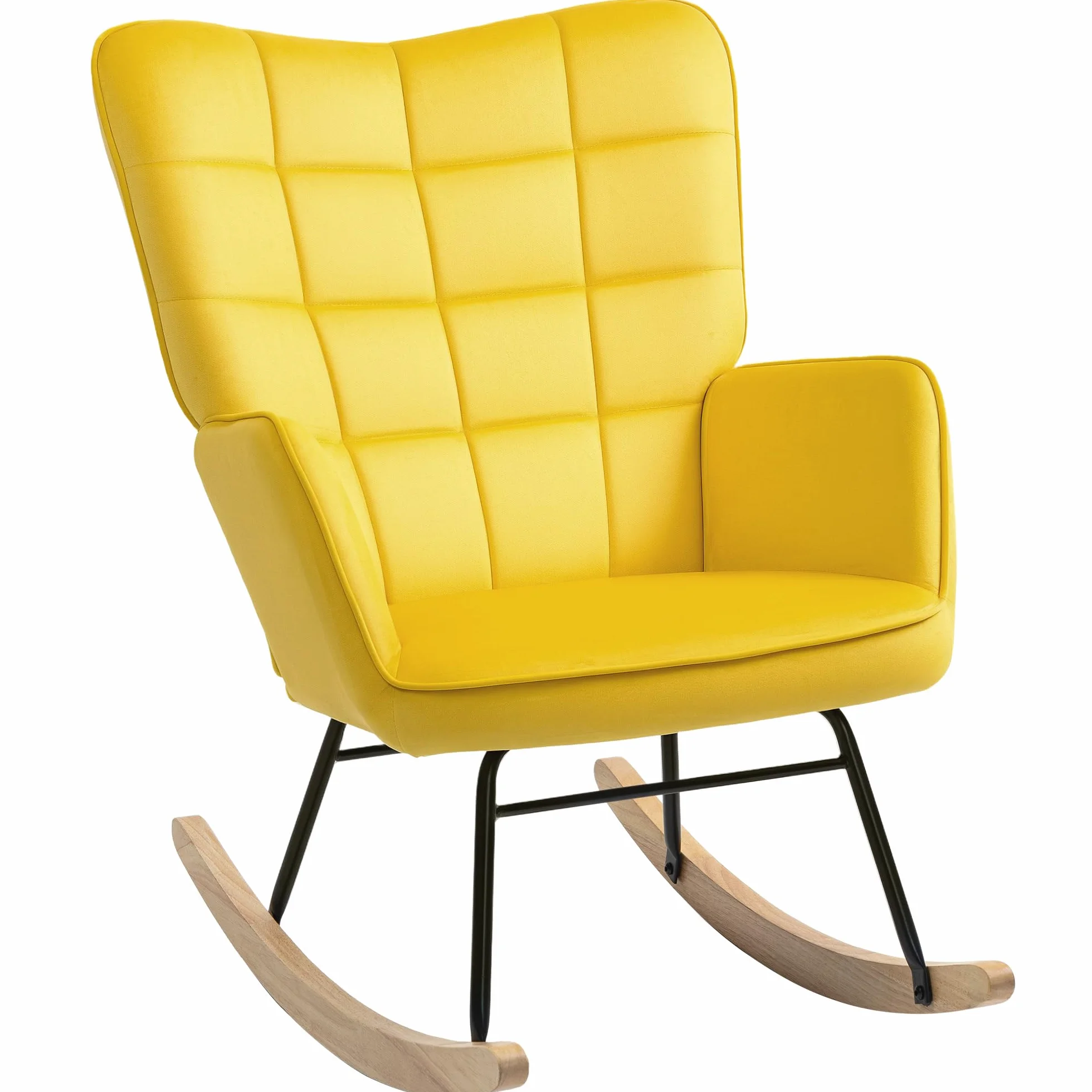 HOMCOM Sillón balancín tapizado de terciopelo estructura acero patas madera maciza amarillo