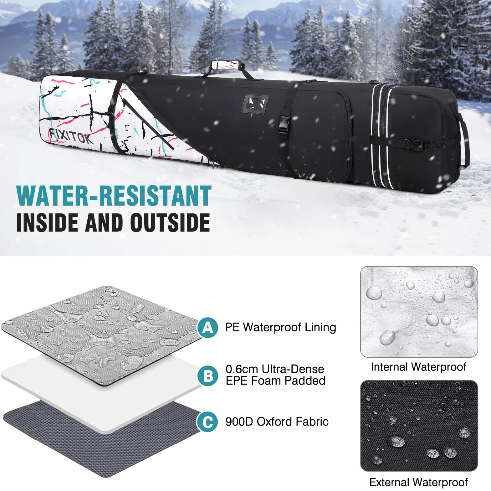 FIXITOK Bolsa de Snowboard y Esquí Impermeable Acolchada 157-181 cm
