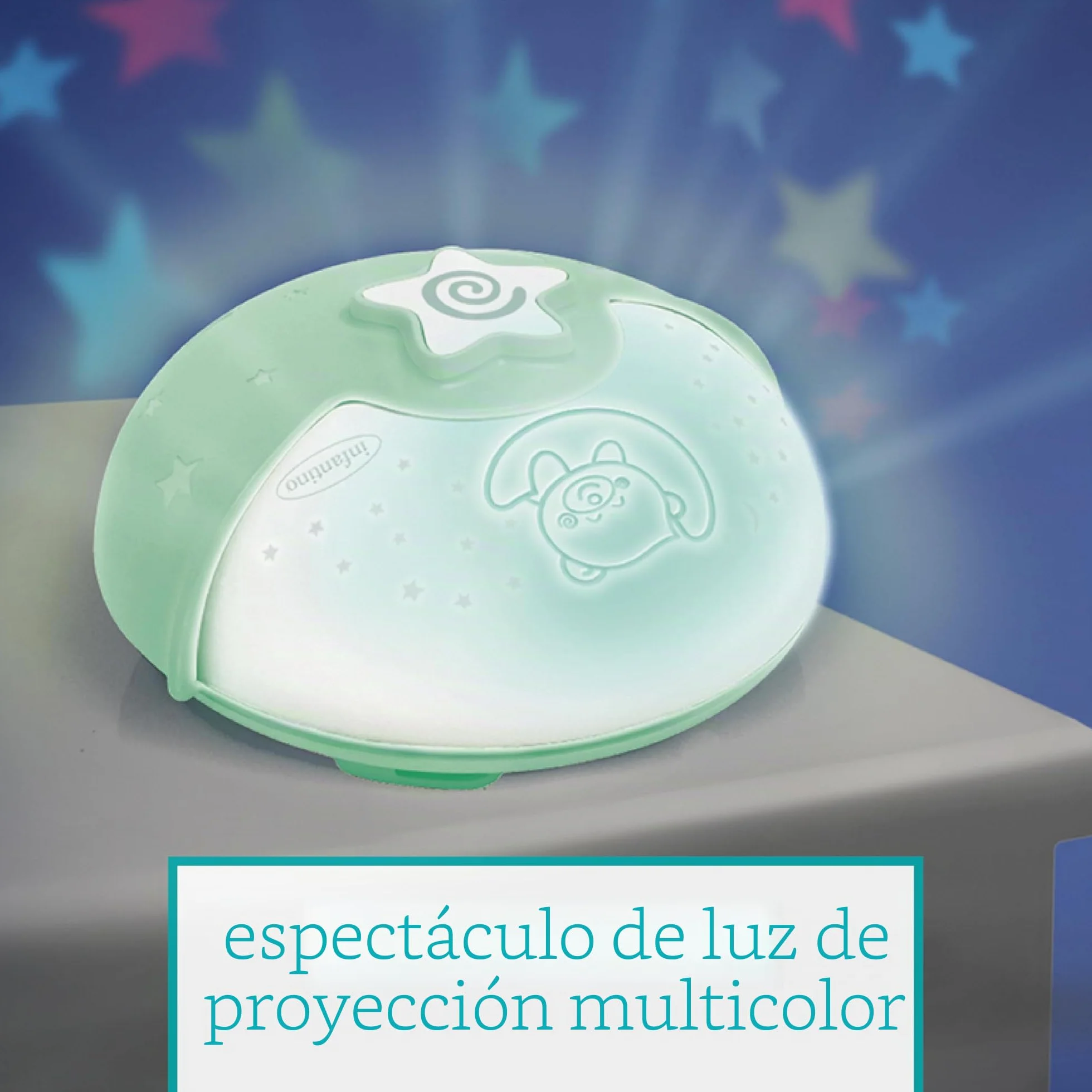Infantino Luz Calmante y Proyector Nocturna con Clip para Cuna Grow-with-Me, Proyector de Estrellas y Luz de Mesa con Melodías y Sensores de Sonido, Salvia