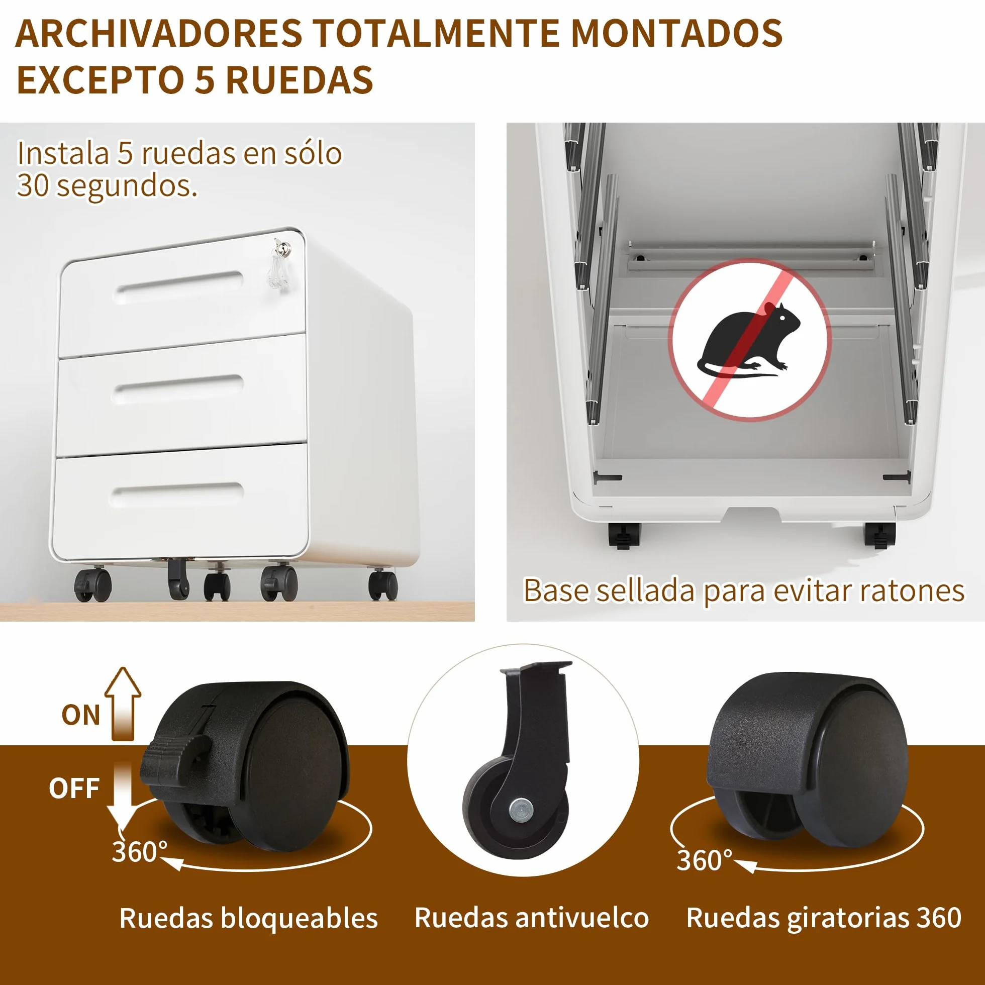 Cajonera Móvil con 3 Cajones, Archivador de Oficina con Ruedas, Diseño de Esquinas Redondeadas, Completamente Ensamblado, con Cerradura y 4 Llaves, Blanco