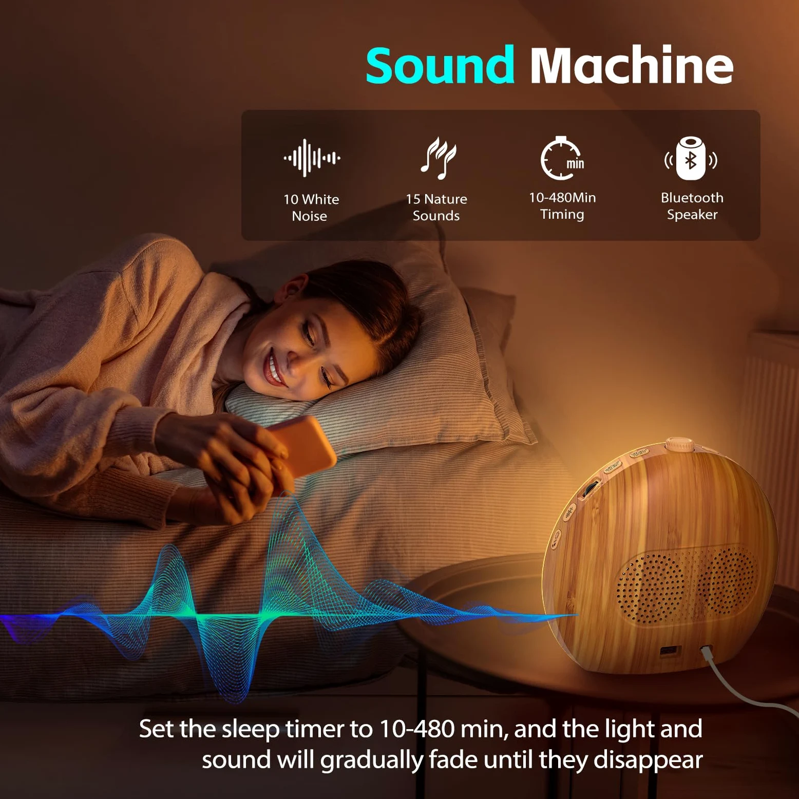 Geuuap Reloj despertador con sonido de grano de madera con sonido blanco con 25 sonidos relajantes, 17 luces nocturnas regulables, altavoz Bluetooth, despertador, para dormitorios, durmientes pesados
