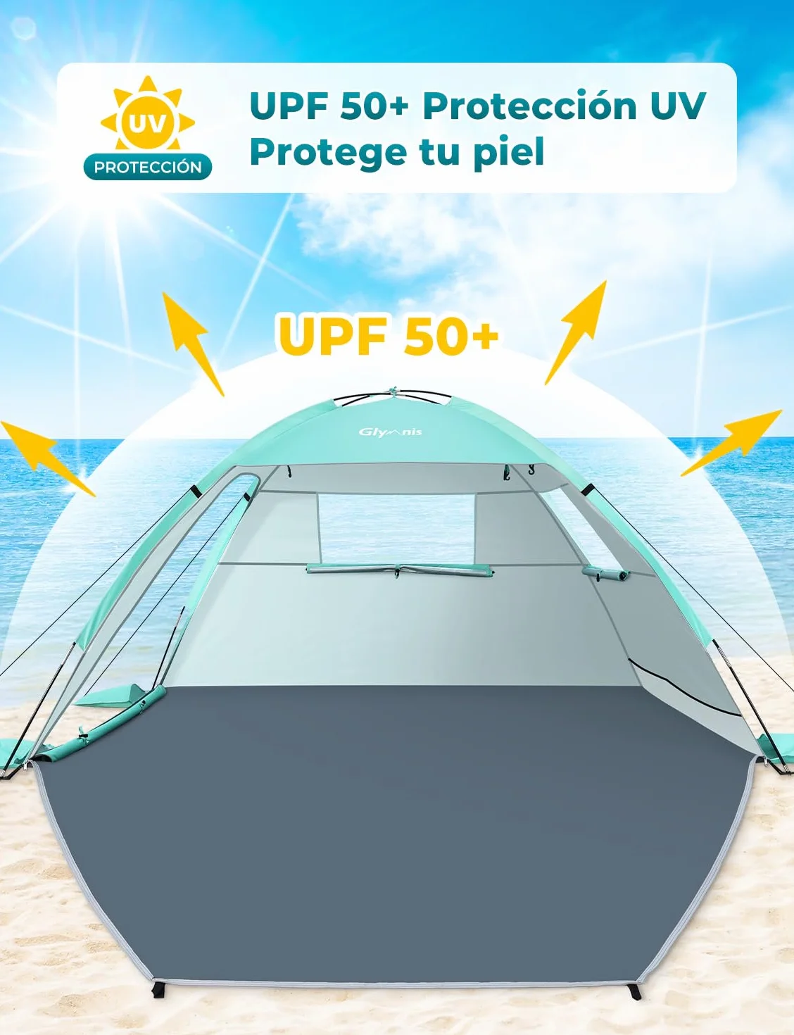 Carpa de Playa para 2-3 Personas, Doble Puerta Cremallera, Ventilación, Protección UPF 50+, Varar Parque Pescar