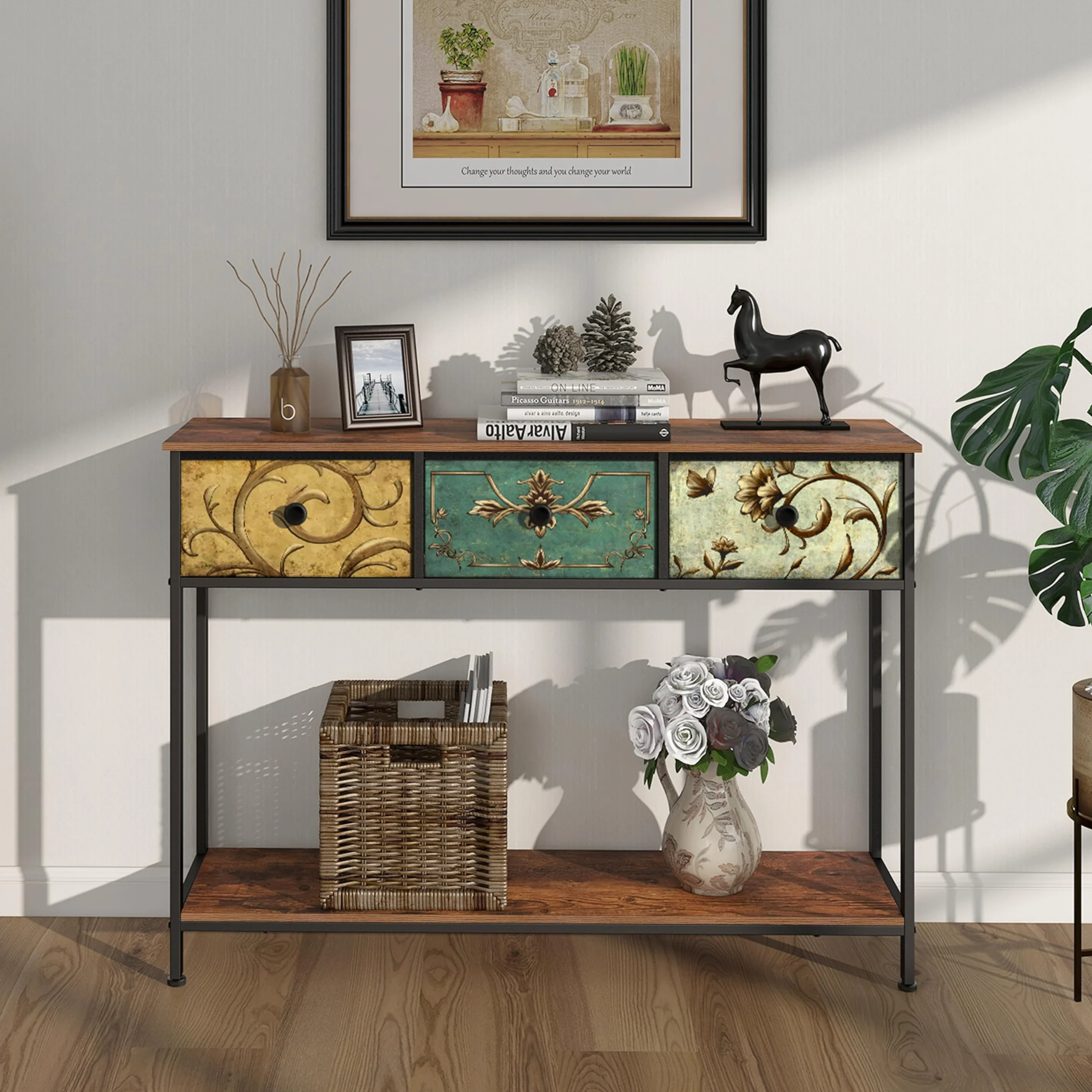 VEDECASA Mesa consola mesa auxiliar con 3 cajones de tela, mesa de pasillo con estantes de almacenamiento abiertos, mesa de entrada, mesa de sofá para pasillo, salón, dormitorio, madera, marco de
