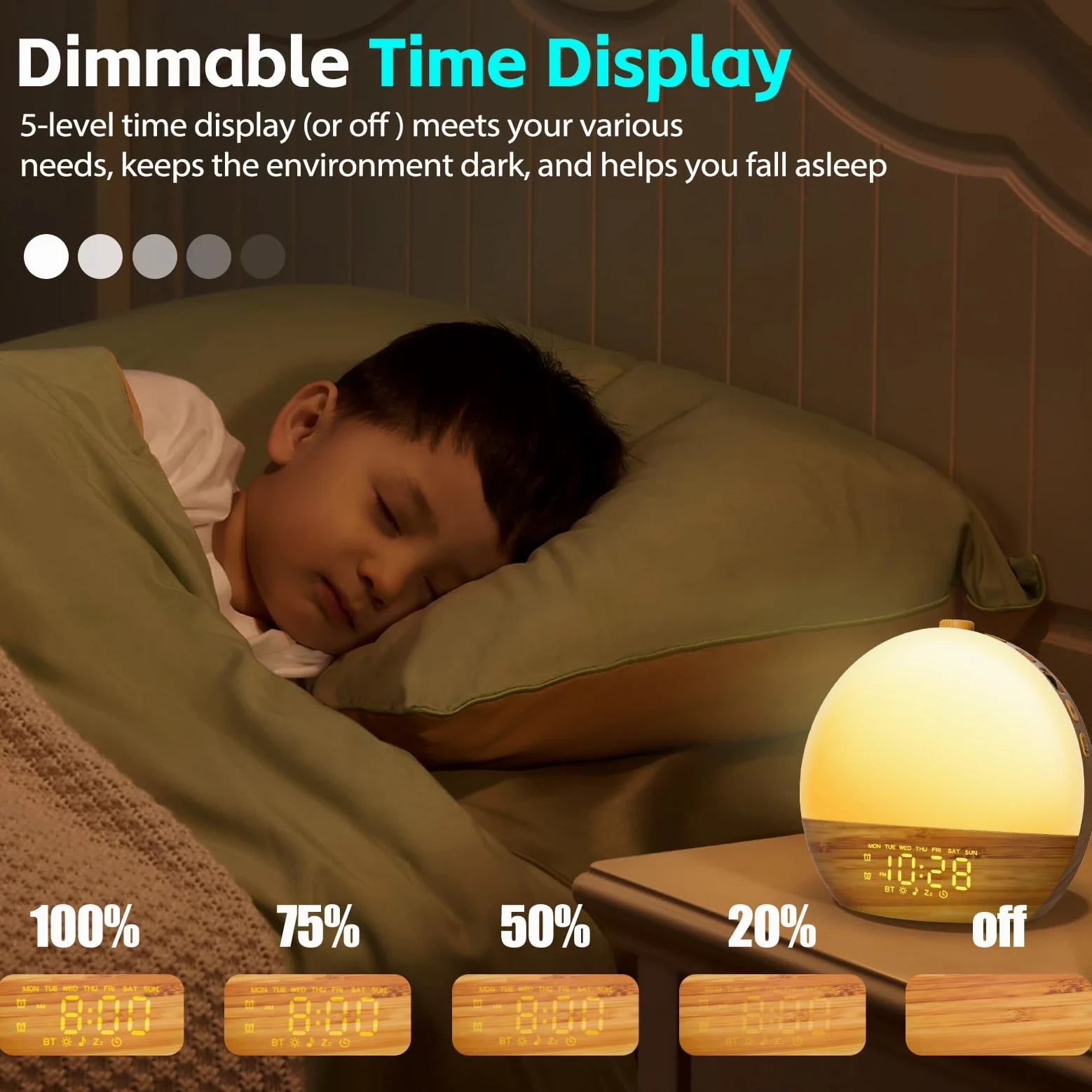 Geuuap Reloj despertador con sonido de grano de madera con sonido blanco con 25 sonidos relajantes, 17 luces nocturnas regulables, altavoz Bluetooth, despertador, para dormitorios, durmientes pesados