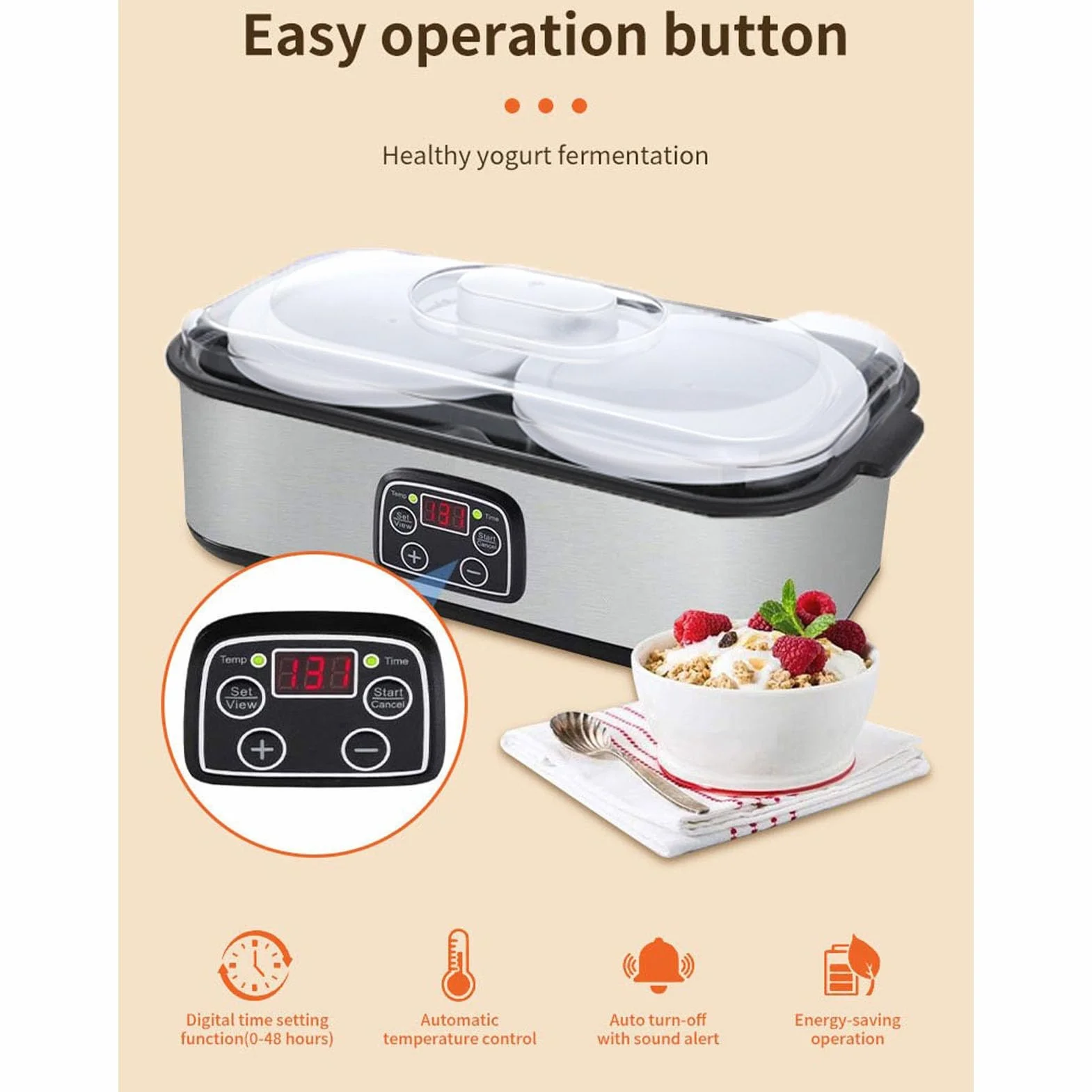 TOPINCN 2L Máquina de Fabricantes de Yogurt Automático, Temporizador de 0 a 48 Horas, Fabricantes de Yogures de Acero Inoxidable con Temperatura Ajustable (EU enchufe 220V)