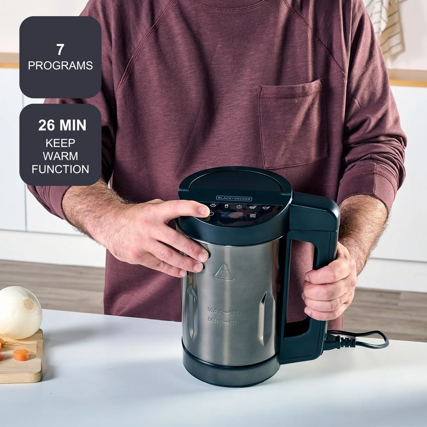 BLACK+DECKER - Sopera Eléctrica BXSM1000E | Hornillo de Sopa 1040W | Jarra Inox 1,6L | 7 Programas Automáticos | Smoothies y Compotas | Mantener Caliente | Pantalla Digital | Sin BPA