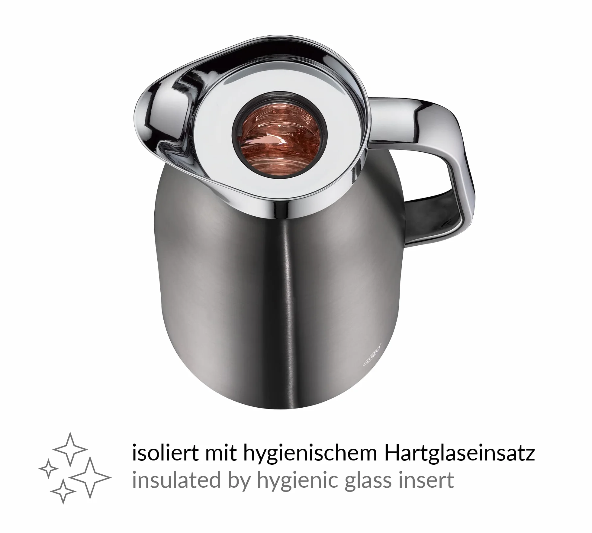 alfi SKYLINE 1,0 l, jarra isotérmica de acero inoxidable con inserción higiénica de vidrio duro, tapón de rosca con cómodo pulsador, mango ergonómico a una mano, ideal como jarra de café o té, sin BPA