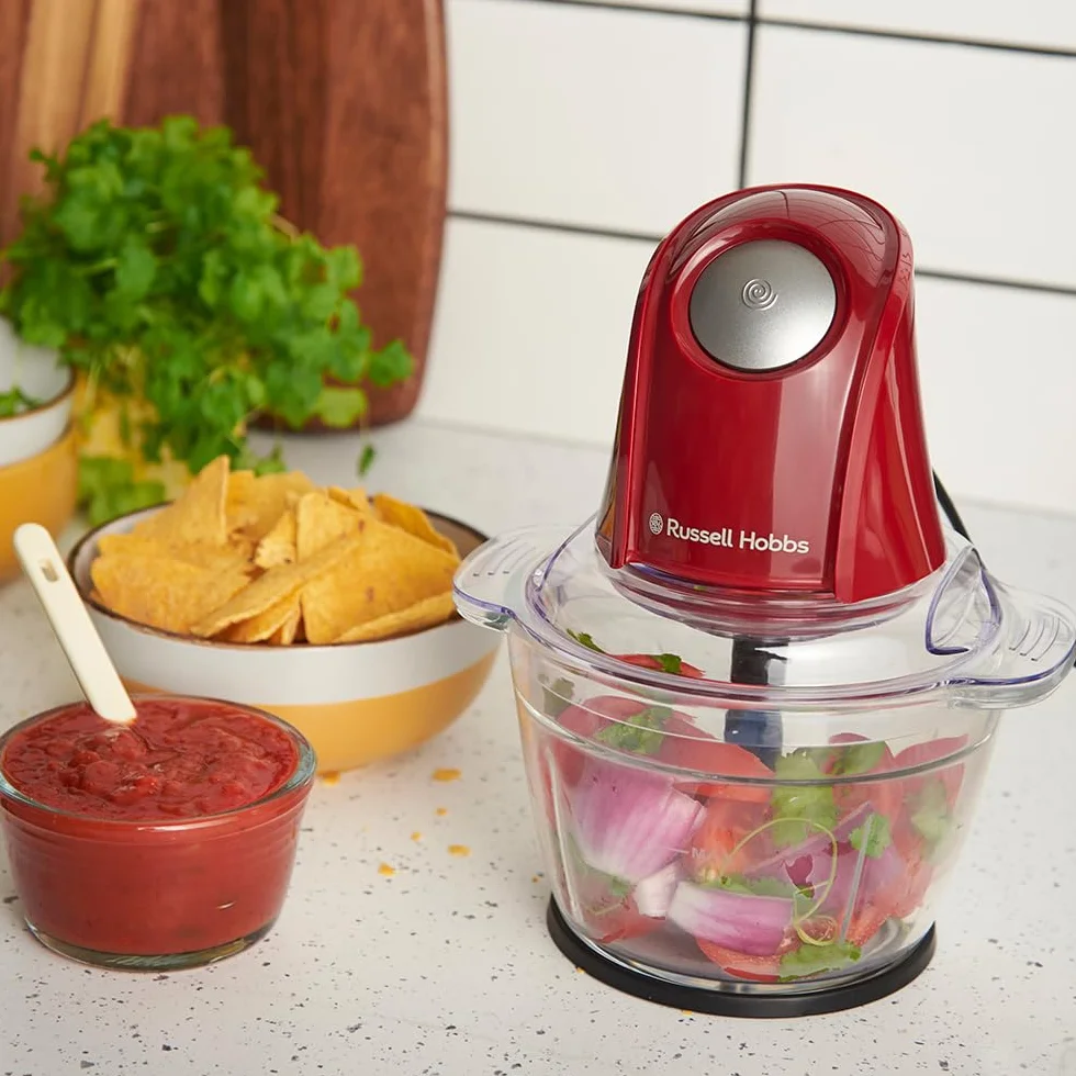 Russell Hobbs Picadora Eléctrica Mini Desire Red (Cuenco de vidrio de 500 ml, Cuchillas Inox de 2 puntas, 350 W Max, Botón One-Touch, Para frutas, verduras y carne) 27132-56