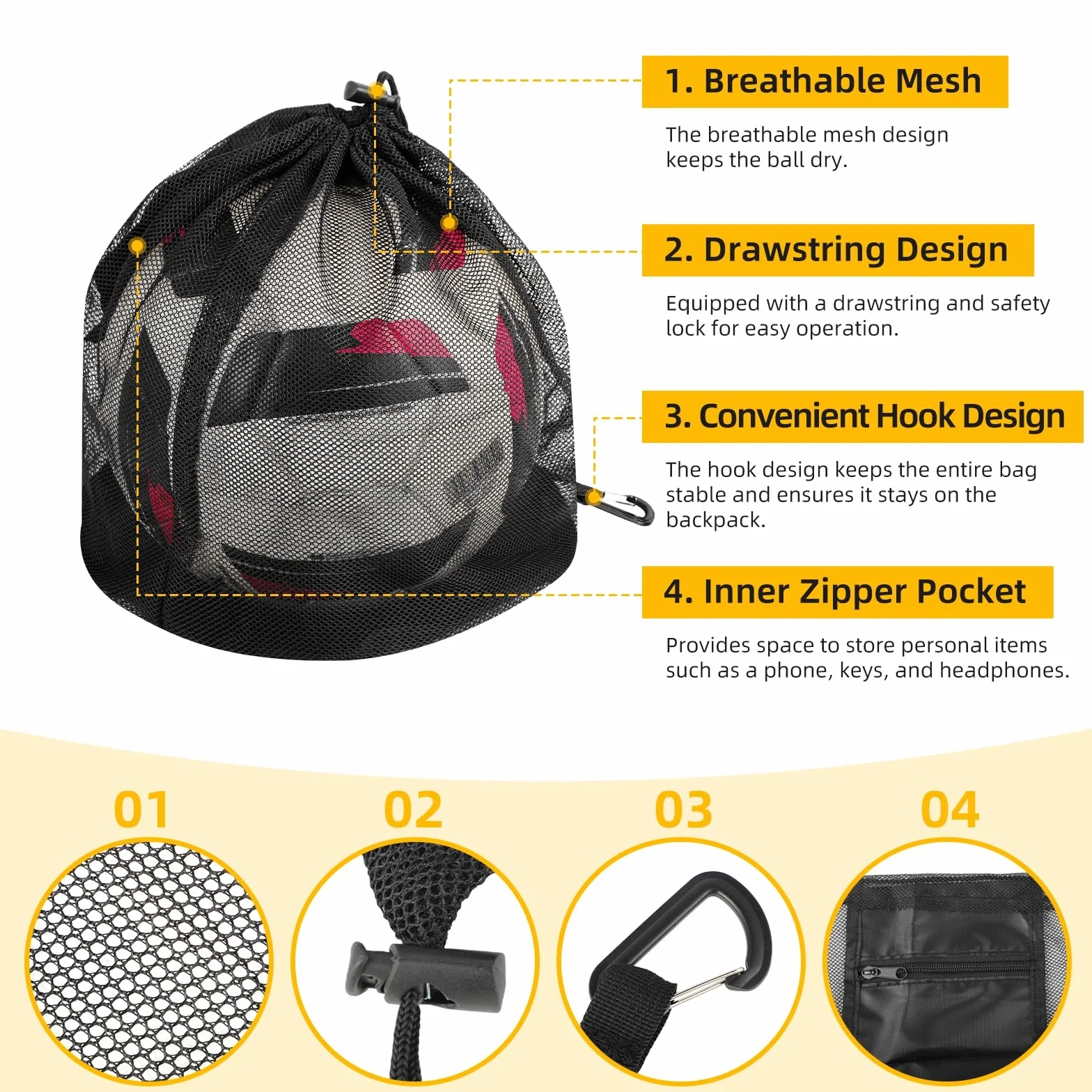 Bolsa Baloncesto 16L con Red Plegable - Bolsa Cremallera Mosquetón para Baloncesto Fútbol