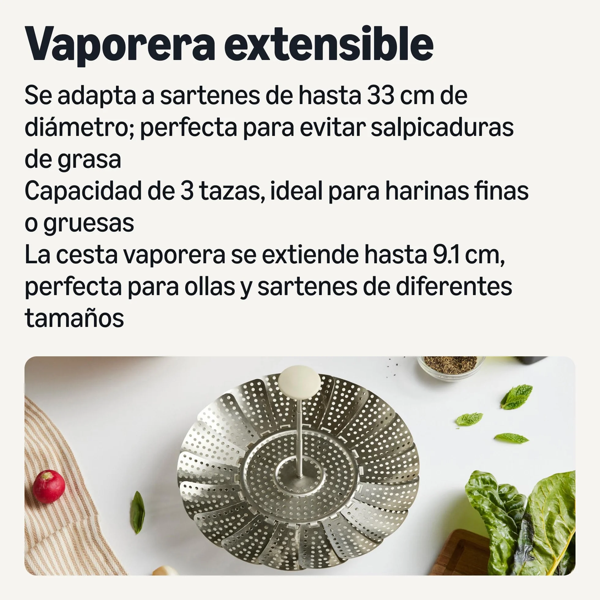 Amazon Basics Cesta Vaporera Extensible, se Expande de 14,2cm a 23,5cm, Acero Inoxidable, Apta para Lavavajillas