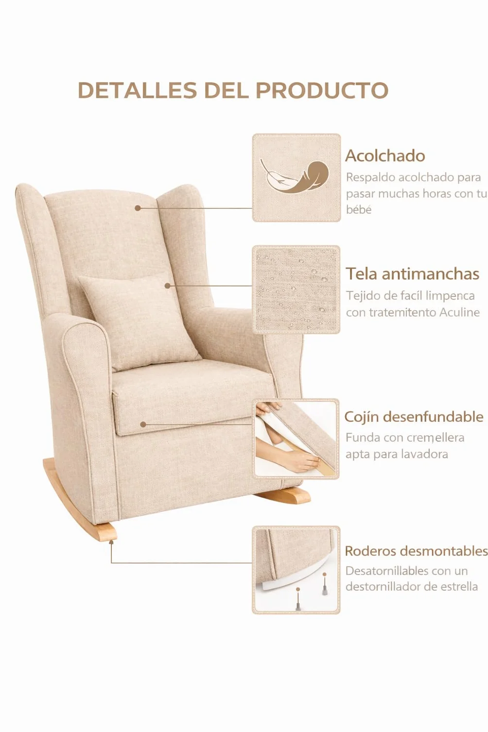 Sillón de Lactancia Balancín Moderno Cojín Decorativo Beige Mecedora Amamantar Cómoda Fácil Limpieza