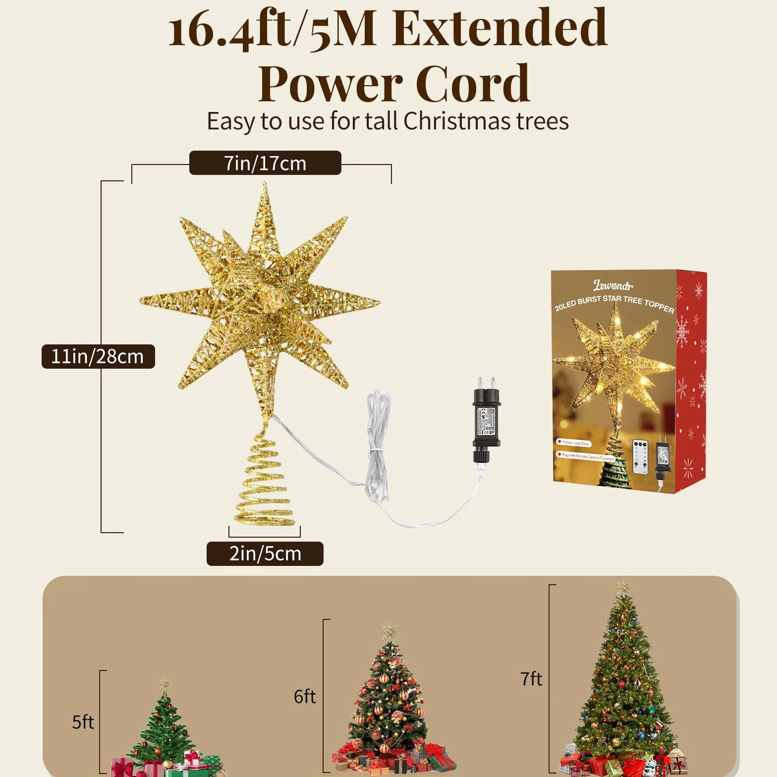 Lewondr Estrella para Árbol de Navidad, 11" Enchufable y Control Remoto Estrella de Copa Geométrica 3D Iluminada para Decoración Navideña, Función Temporizador y Cable 5m, Luz Cálida, Oro