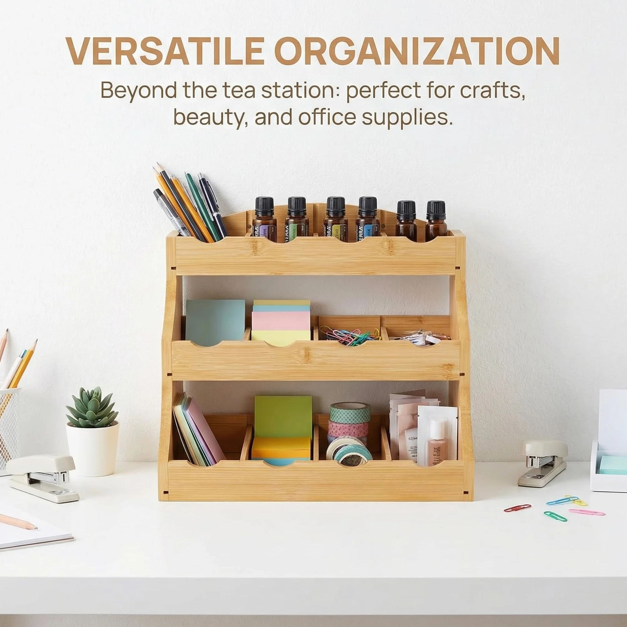 Organizador Infusiones Vertical y Bolsitas de Té, Organizador Bolsas de Té con 3 Niveles y 12 Compartimentos, Soporte Bolsitas de Tea de Bambú, Estante de Tea y Cápsulas de Café- 30x25x20cm