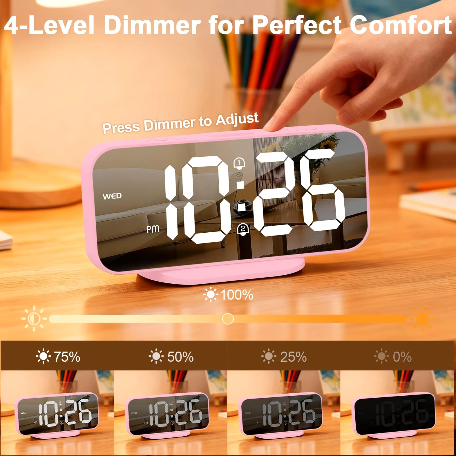ALANAS Reloj despertador digital, alarmas duales con repetición, ajuste de brillo, 2 puertos de carga USB para teléfono celular, 12/24 horas, reloj despertador enchufable con batería de respaldo