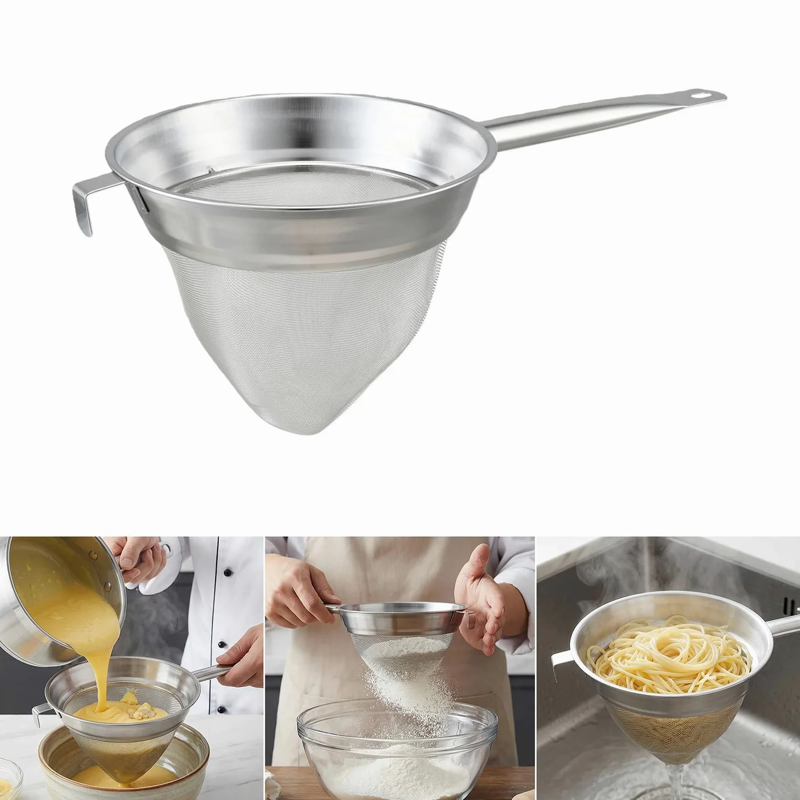 Colador cónico de acero inoxidable 304 con mango largo, colador de tapa china, malla fina, tamiz de caldo para cocina
