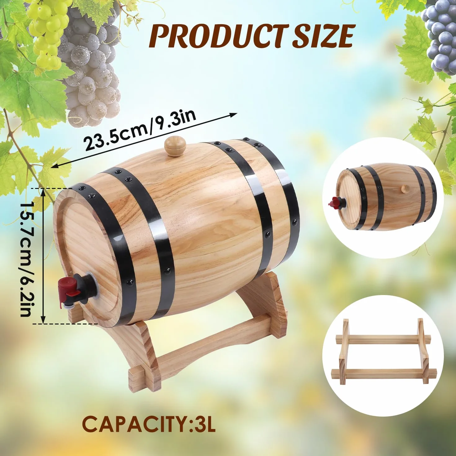 Tissting Barriles de Vino, Barril Vino Madera, 3L Barril Madera Barriles de Envejecimiento con Grifo y Base, Dispensador de Whisky Vino Sidra Licores