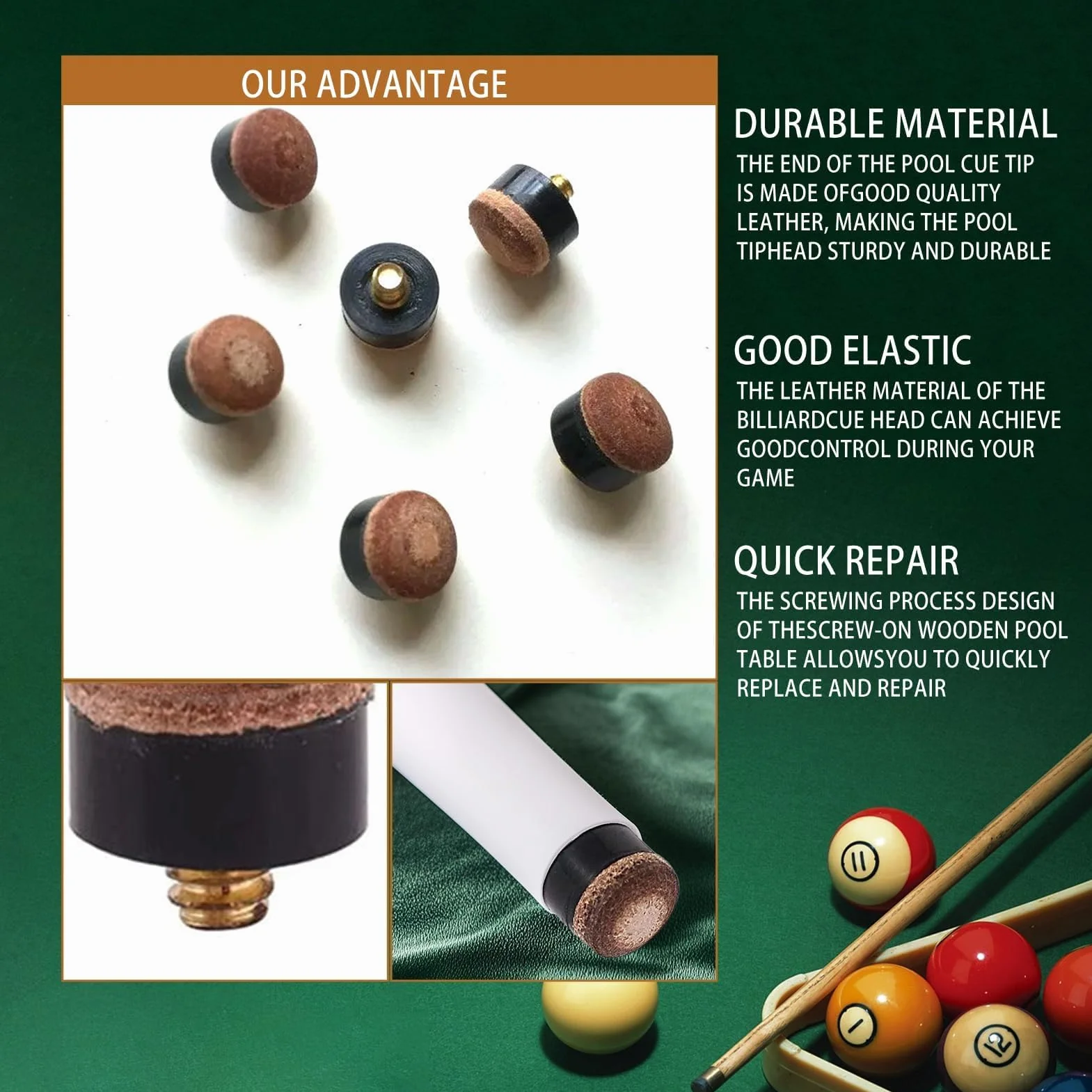 Set de 10 Puntas de Billar de 10 mm, Puntas de Cuero con Rosca de Metal para Tacos de Snooker y Billar, Fácil Instalación, Durabilidad Superior, Mejora el Control y Rendimiento en el Juego